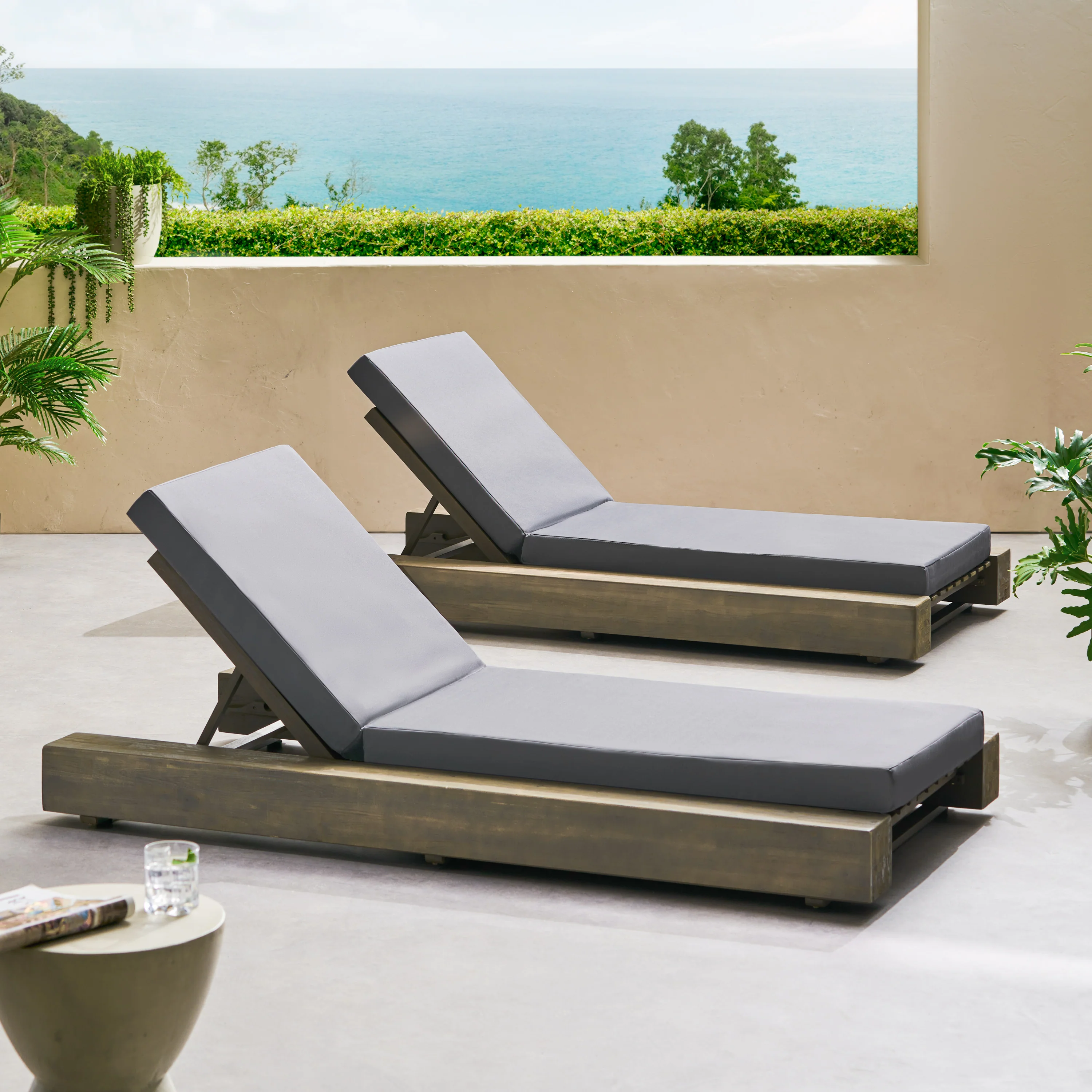 Ursula Outdoor Acacia Wood Chaise Lounge and Cushion Sets (Set of 2) - furnishings