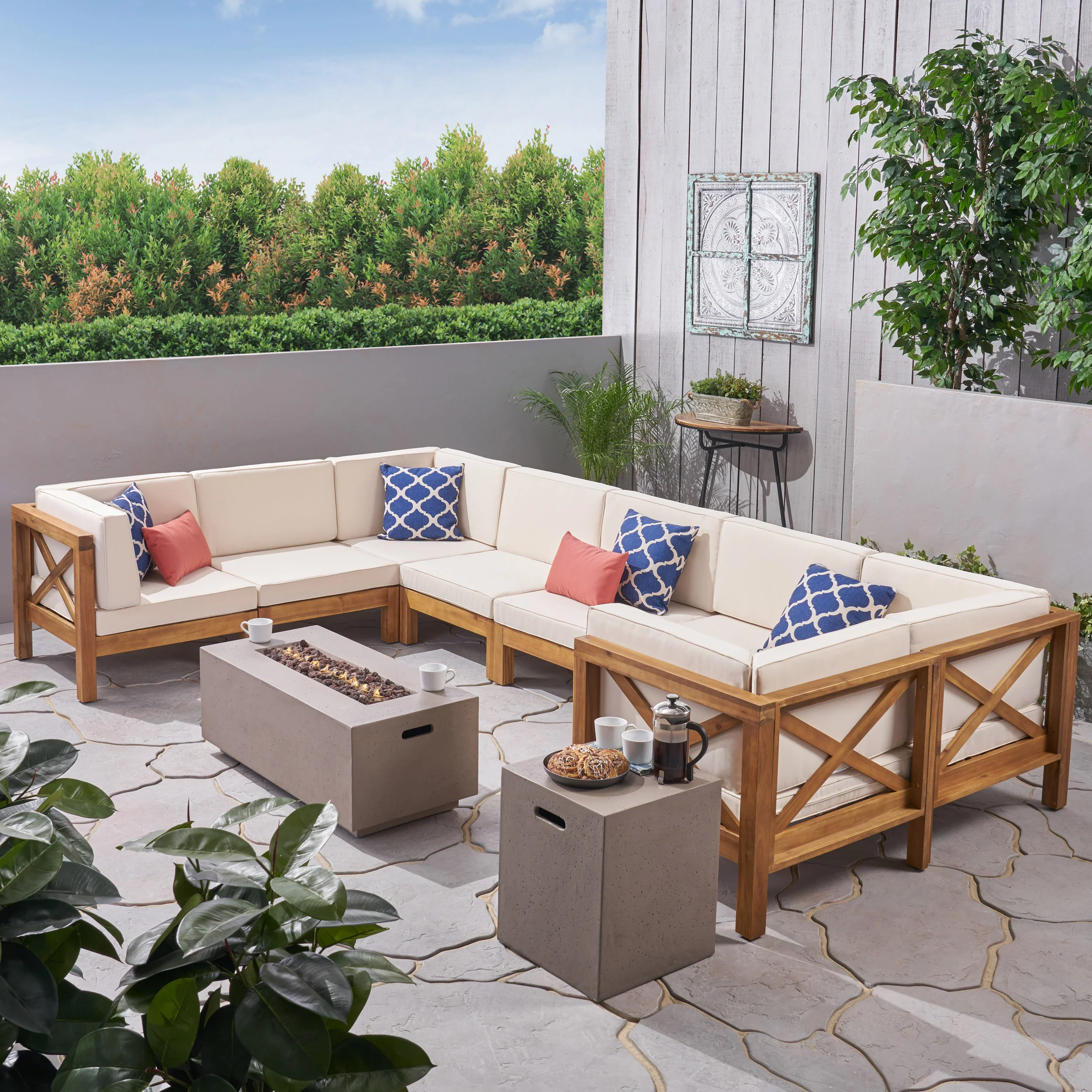 Cynthia Outdoor Acacia Wood 10-Piece U-Shaped Sectional Sofa Set with Fire Pit - furnishings