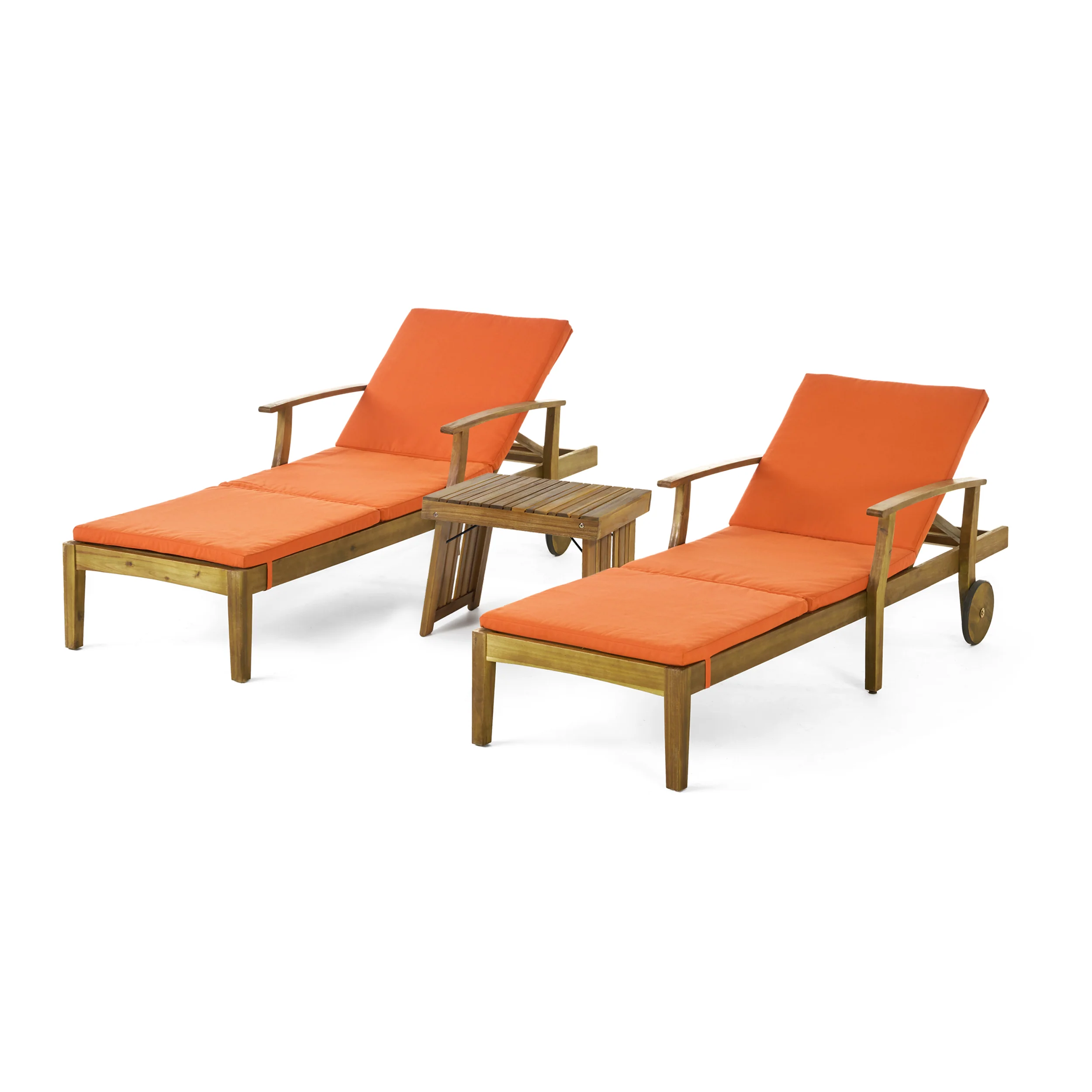 Capri Outdoor Acacia Wood 3 Piece Chaise Lounge Set with Water-Resistant Cushions - furnishings