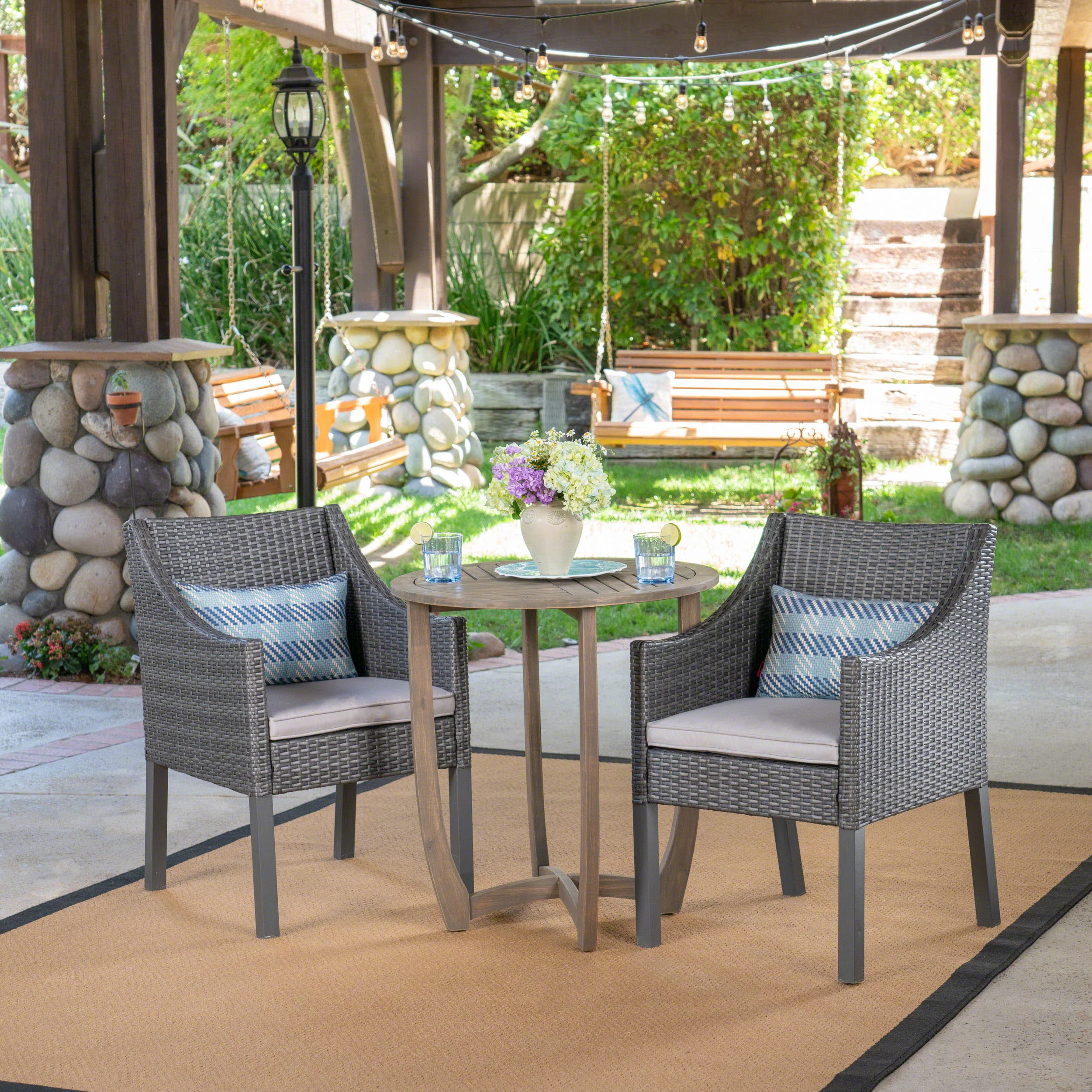 Matthew Outdoor 3 Piece Wood and Wicker Bistro Set, Gray and Gray - furnishings