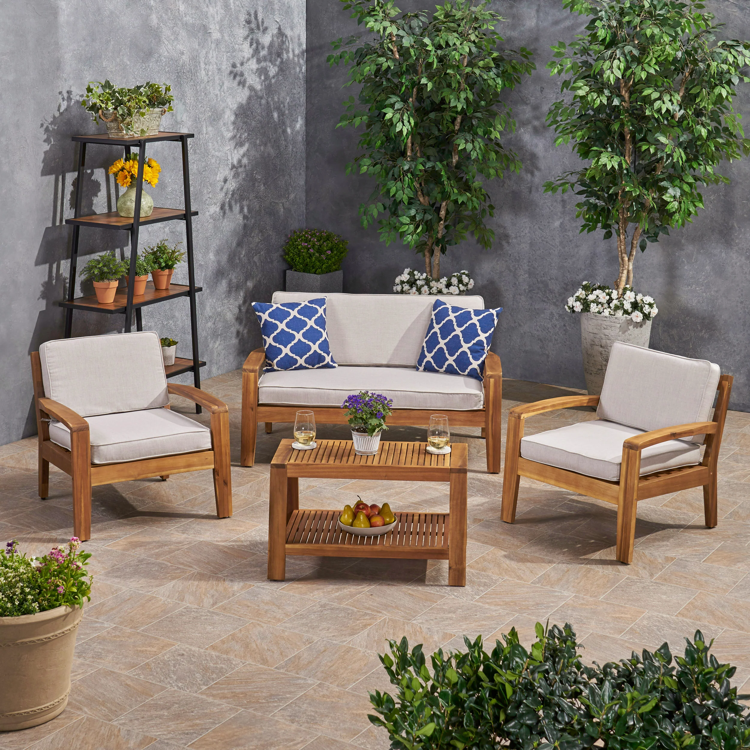 Parma Patio Acacia Wood 4-Seater Conversation Set with Coffee Table and Sunbrella Cushions - furnishings