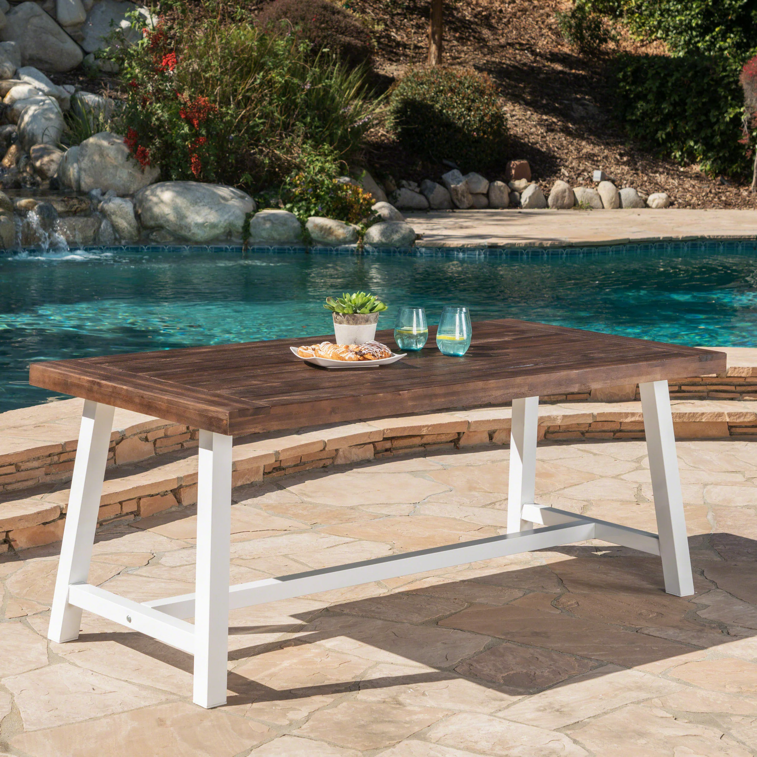 Bowman Outdoor Sandblast Finish Acacia Wood Dining Table with Metal Finish Frame - furnishings