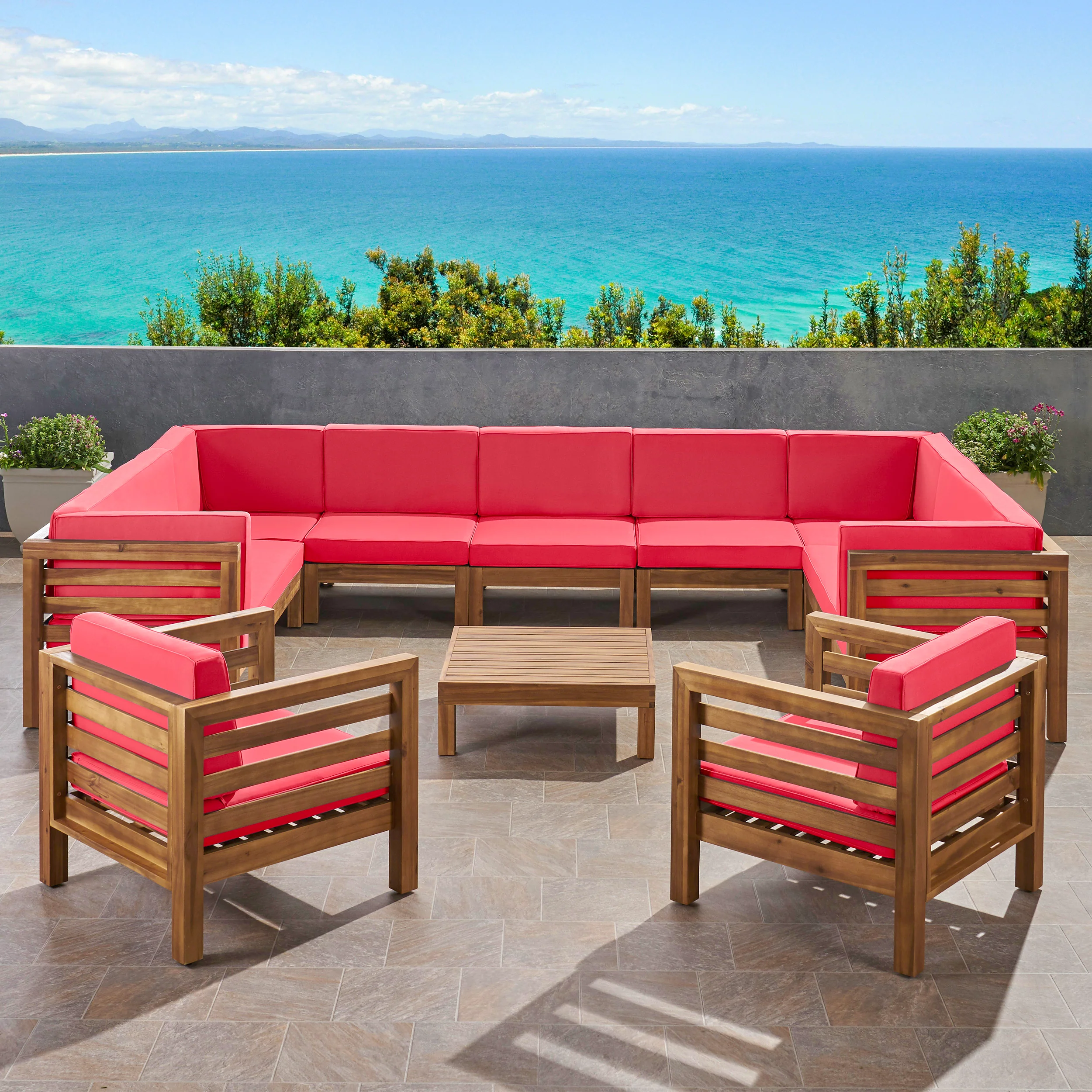 Emma Outdoor 11 Seater Acacia Wood Sectional Sofa and Club Chair Set - furnishings