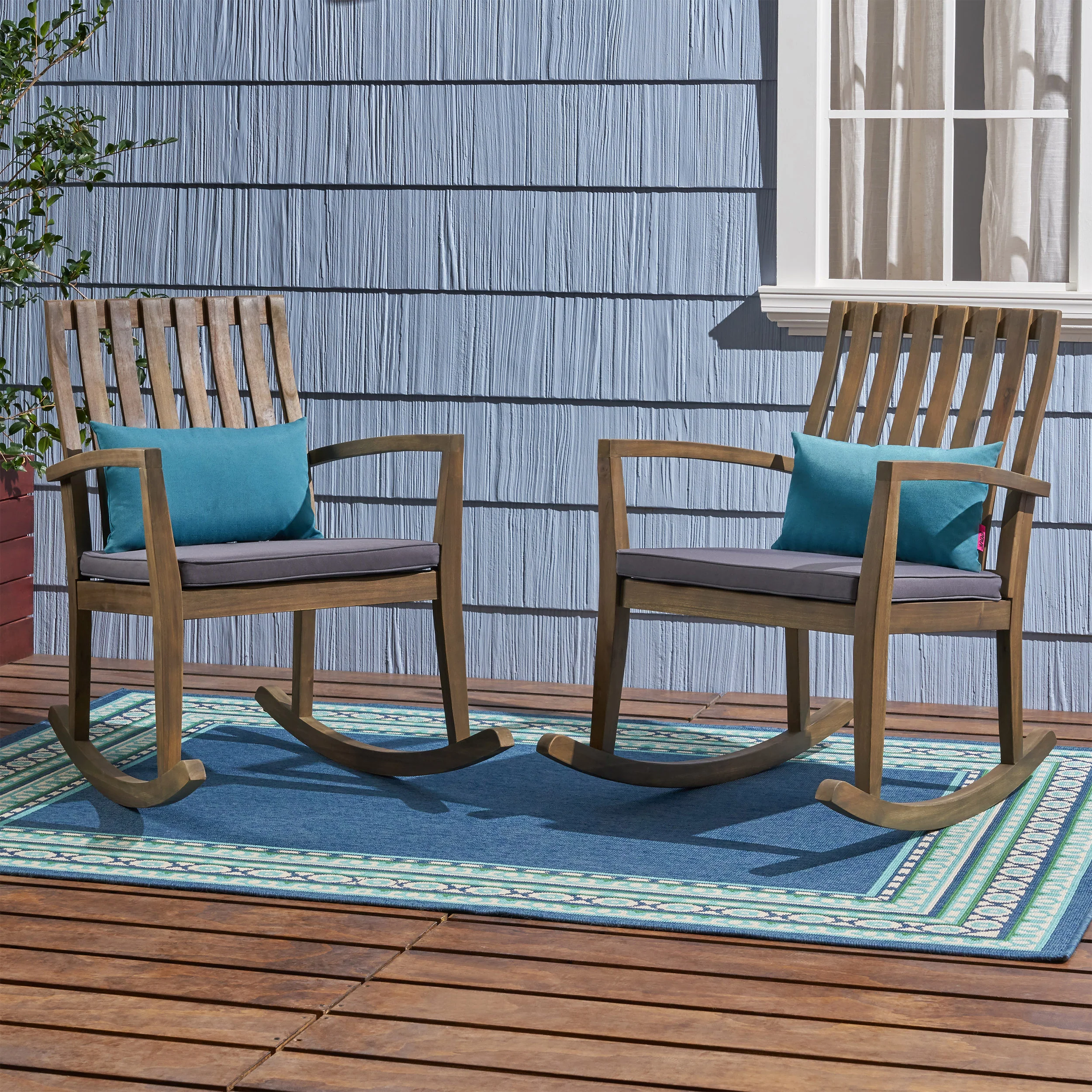 Colmena Acacia Wood Rustic Style Rocking Chair with Water Resistant Cushions - furnishings