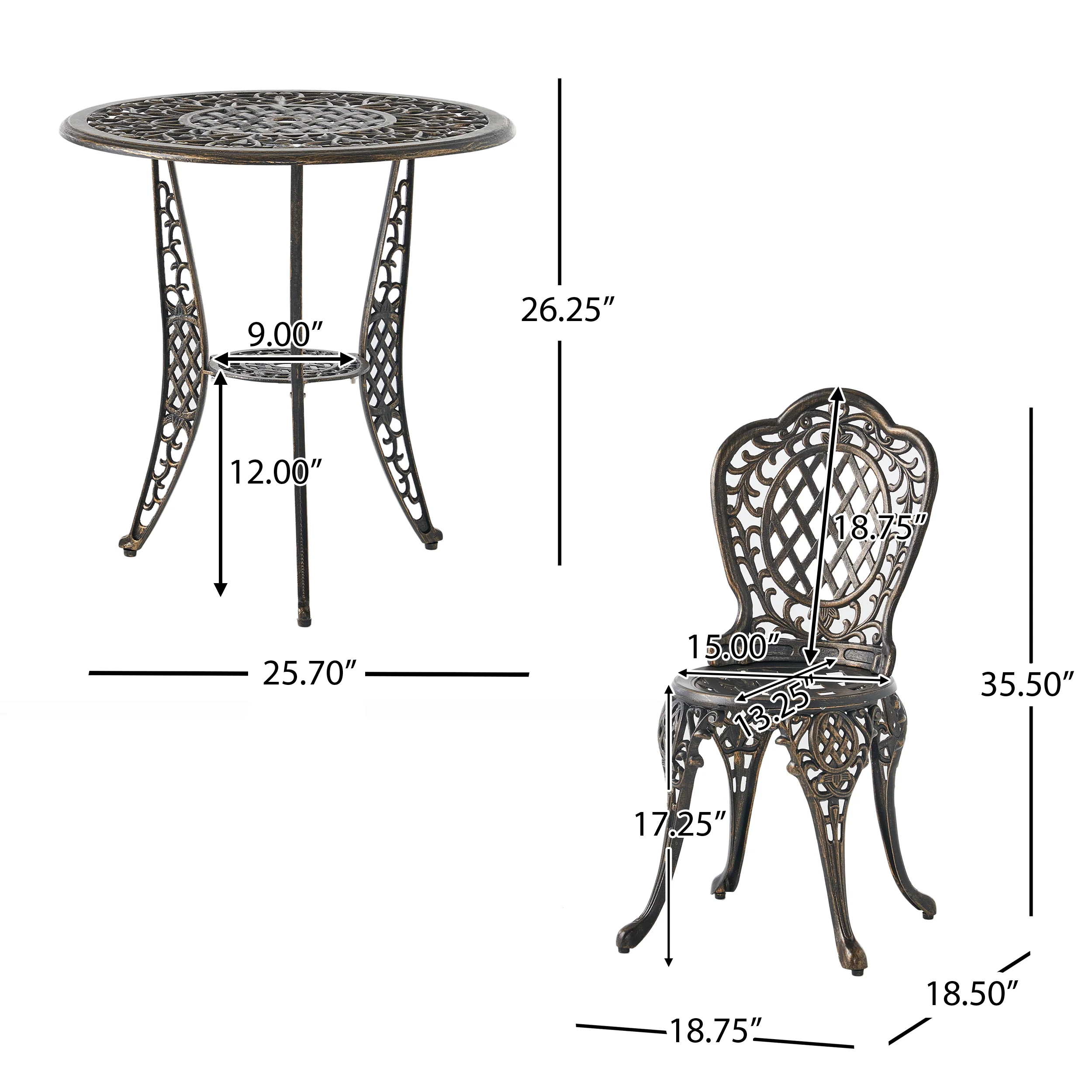 Modena Traditional Outdoor 3-Piece Bronze Cast Aluminum Bistro Set - furnishings
