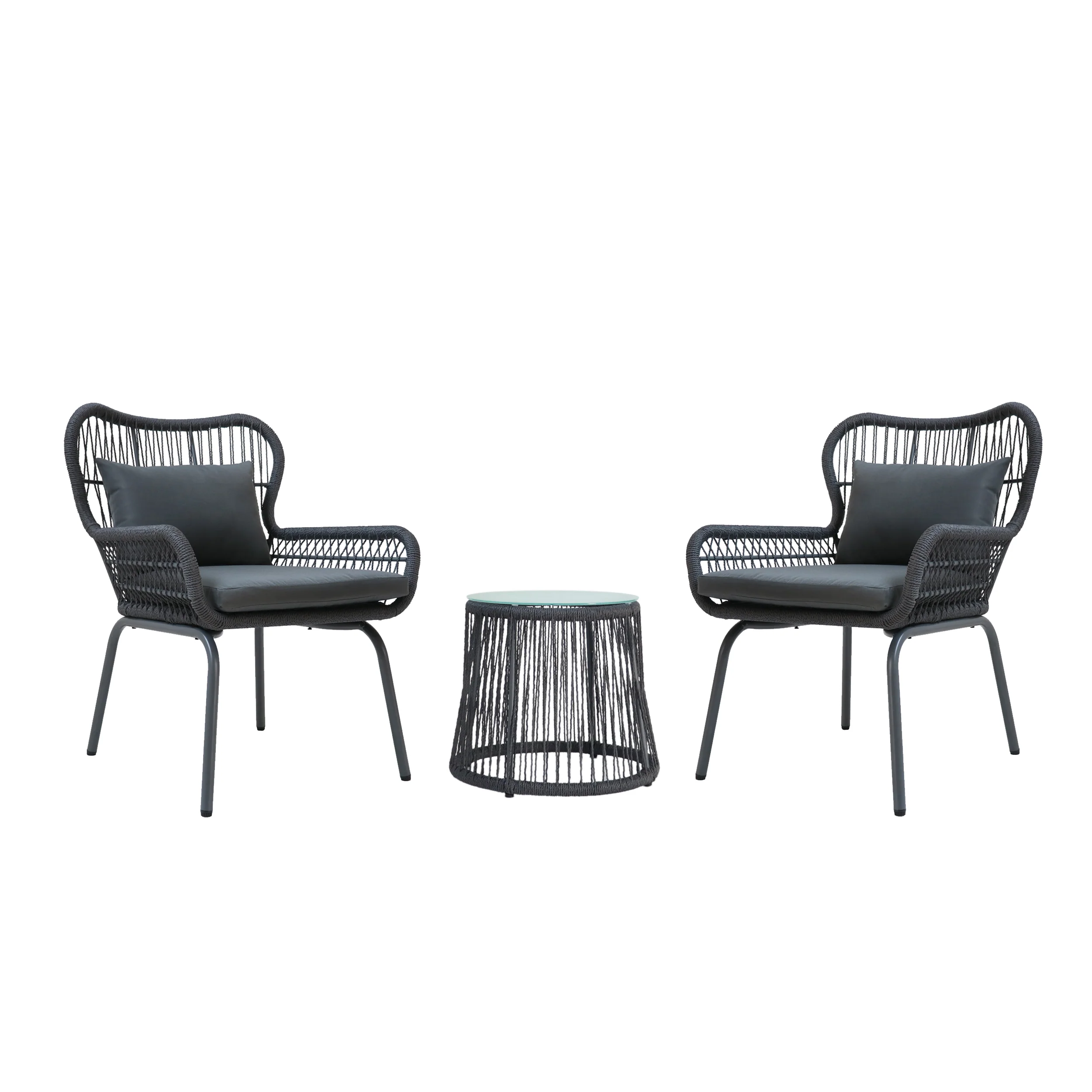 Karen Patio Conversation Set, 2-Seater with Accent Table, Iron and Rope with Water-Resistant Cushions - furnishings