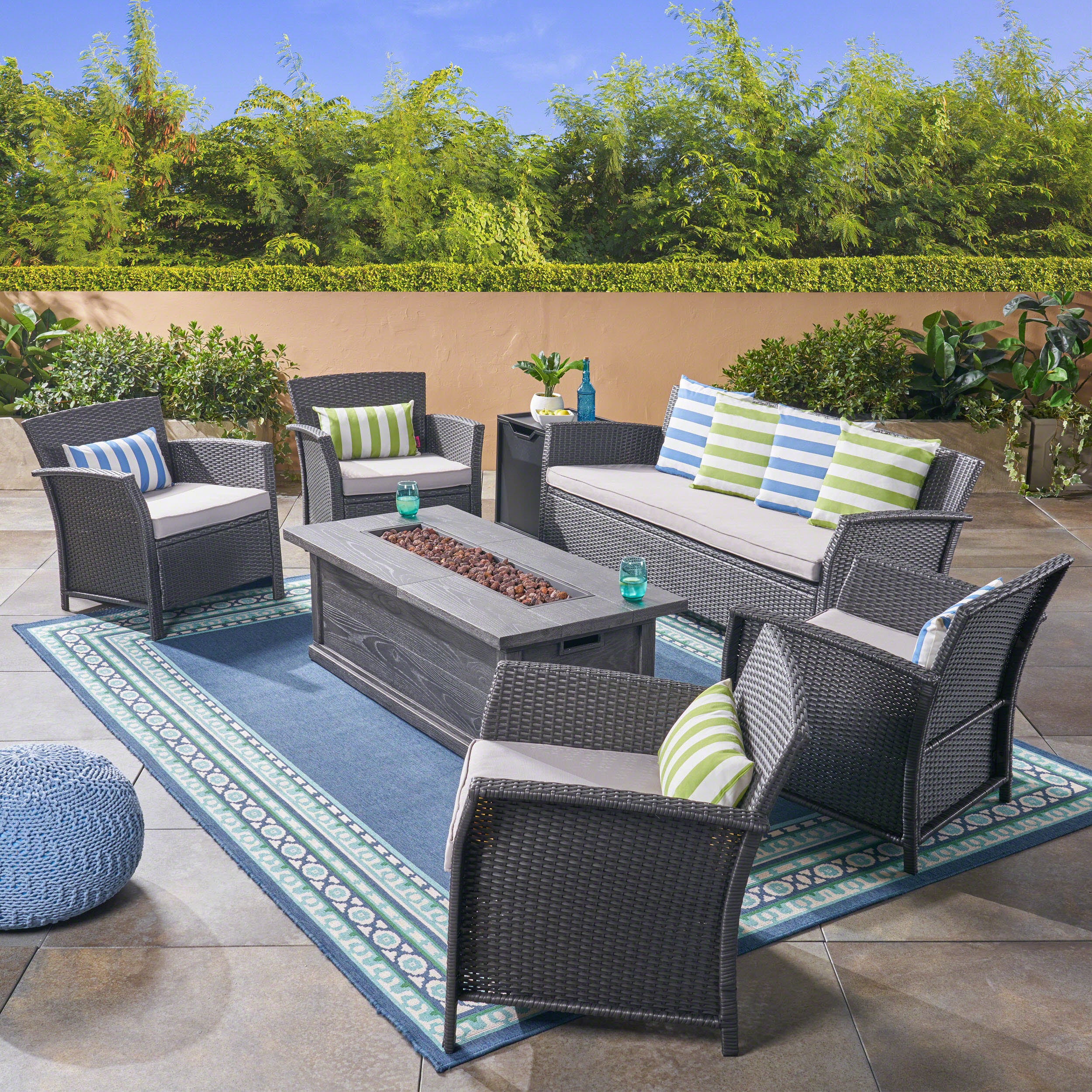 Laiah Outdoor 7 Seater Wicker Chat Set with Fire Pit - furnishings