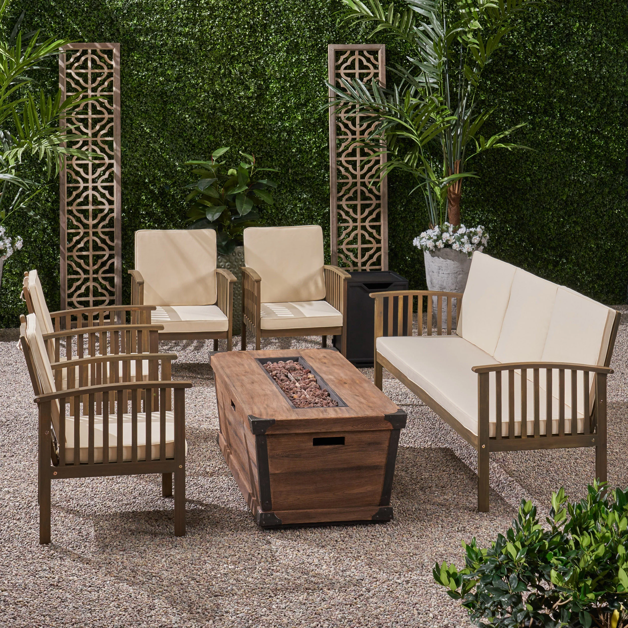 Beckley Outdoor 5 Piece Acacia Wood Conversational Set with Cushions and Fire Pit - furnishings