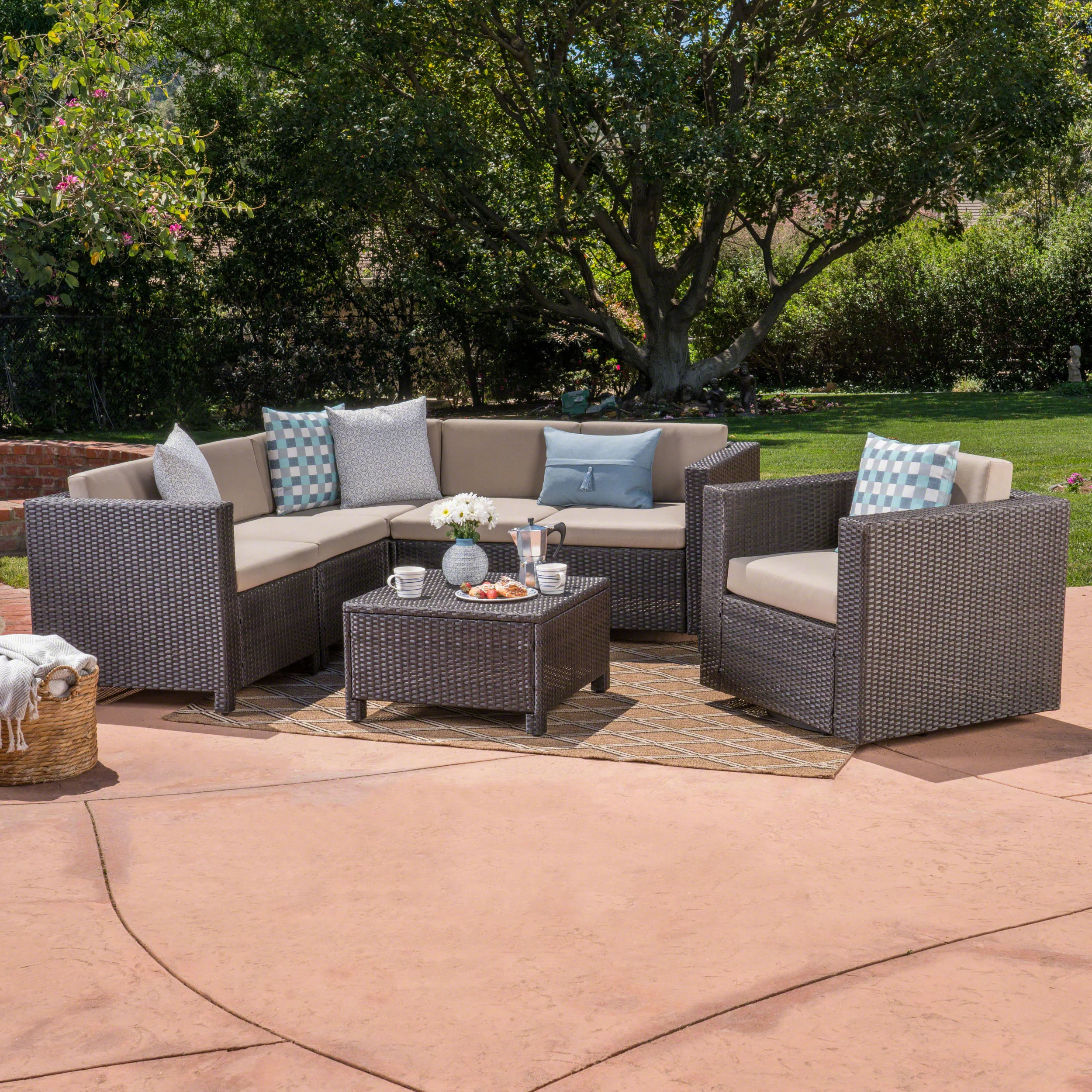 Phillips Outdoor 6 Seater Wicker V-Shaped Sofa and Swivel Chair Set with Water Resistant Cushions - furnishings