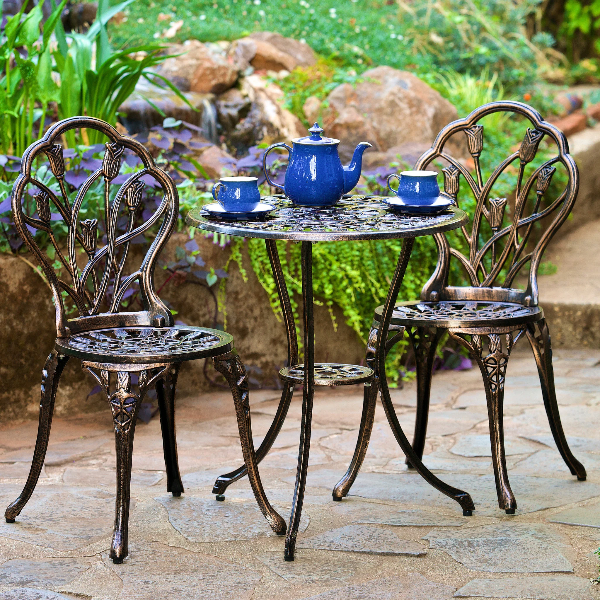 New Outdoor Vintage Style Cast Aluminum Bistro Set with Tulips - furnishings