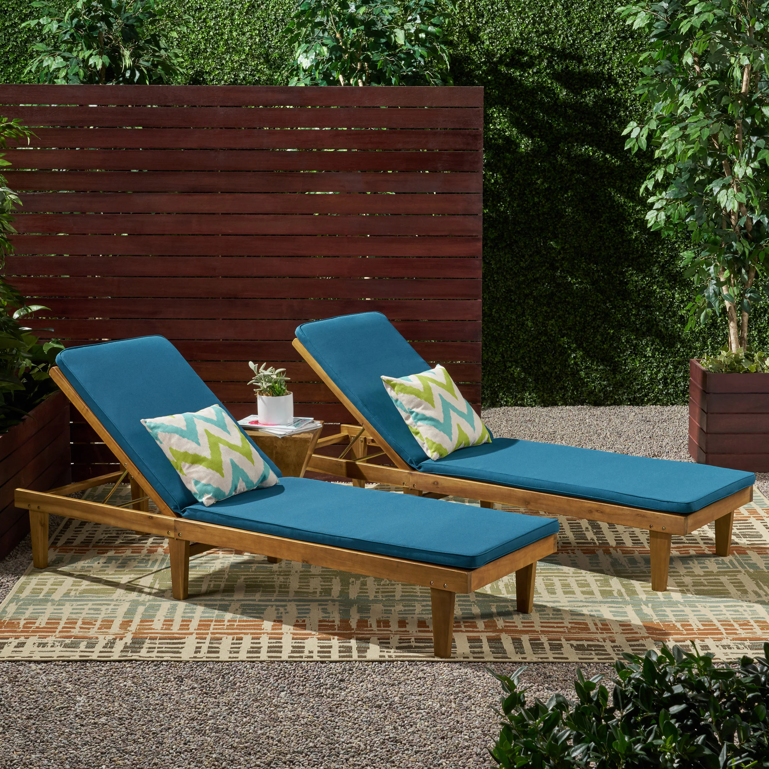 Nadine Outdoor Modern Acacia Wood Chaise Lounge with Cushion (Set of 2) - furnishings