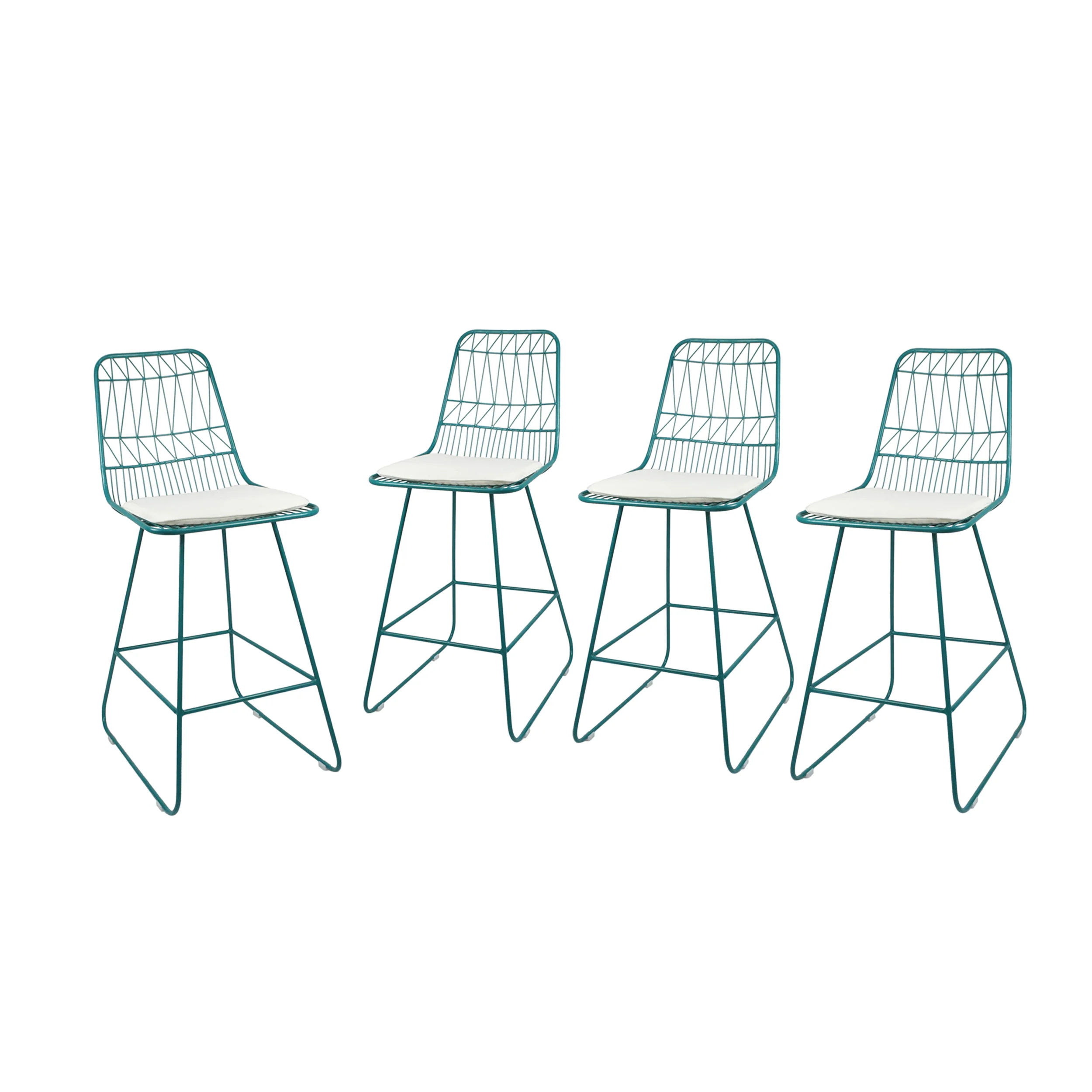 Ella Outdoor Wire Counter Stools with Cushions (Set of 4), Teal and Ivory - furnishings