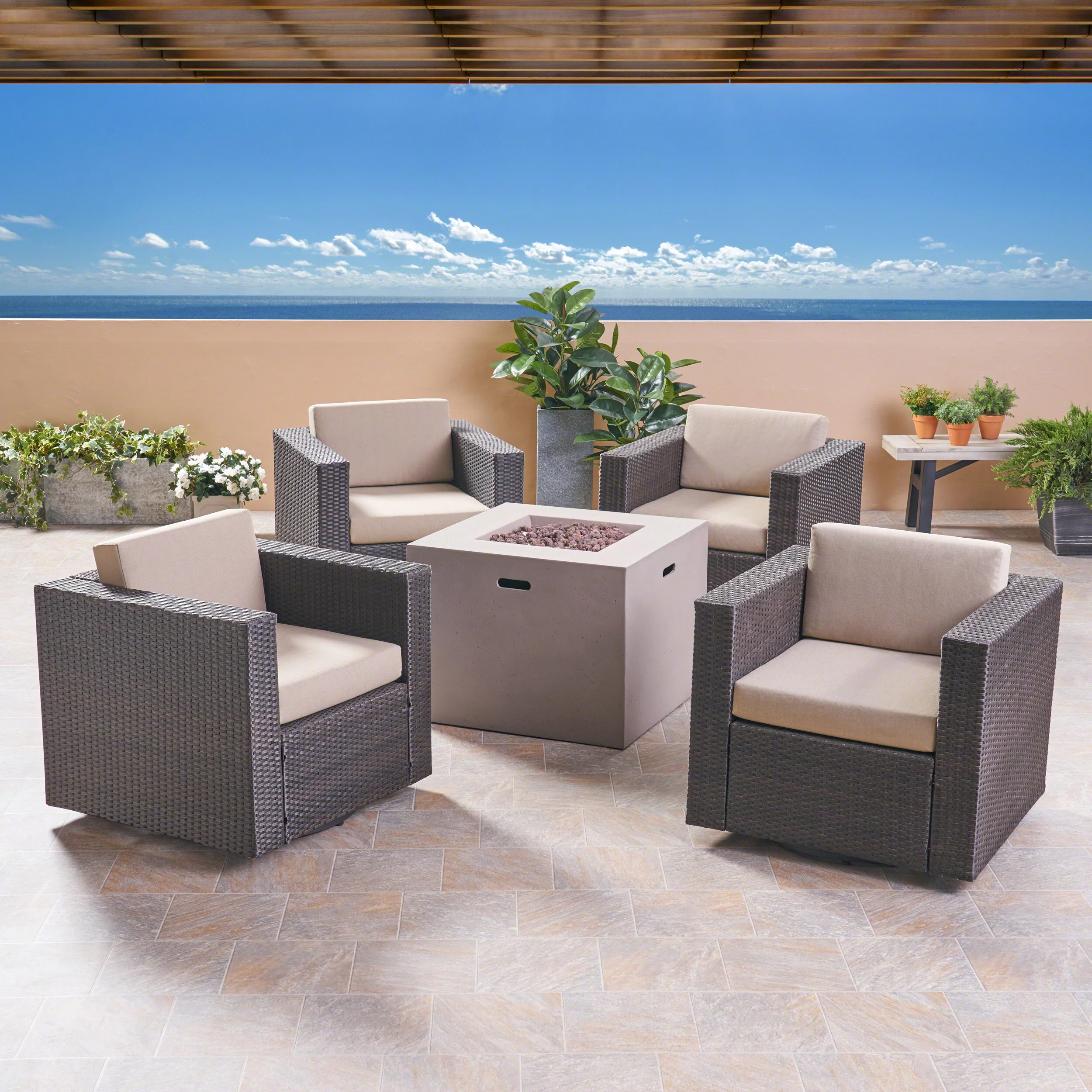 Fuller Outdoor 4 Piece Club Chair Set with Square Fire Pit - furnishings