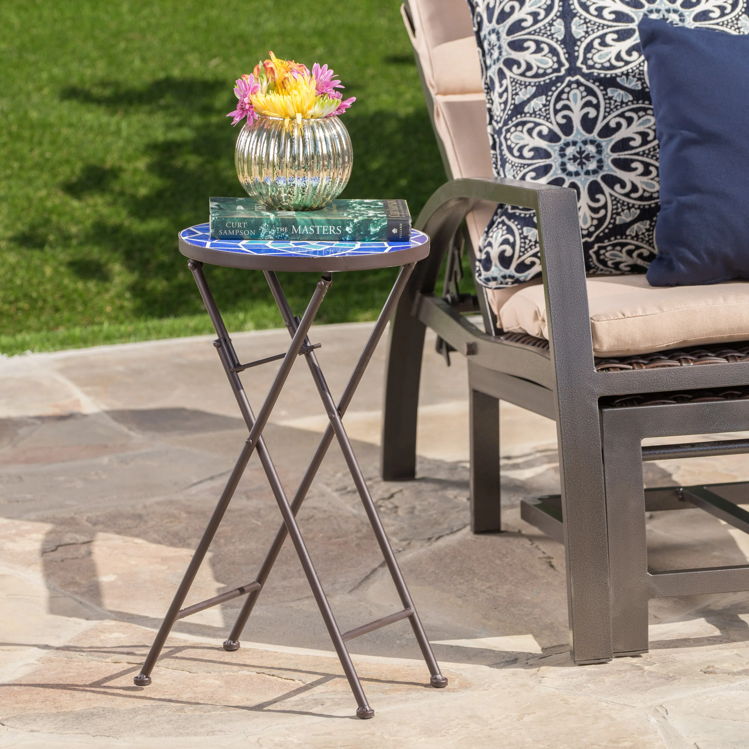 Arwen Outdoor Blue and White Glass Side Table with Iron Frame - furnishings