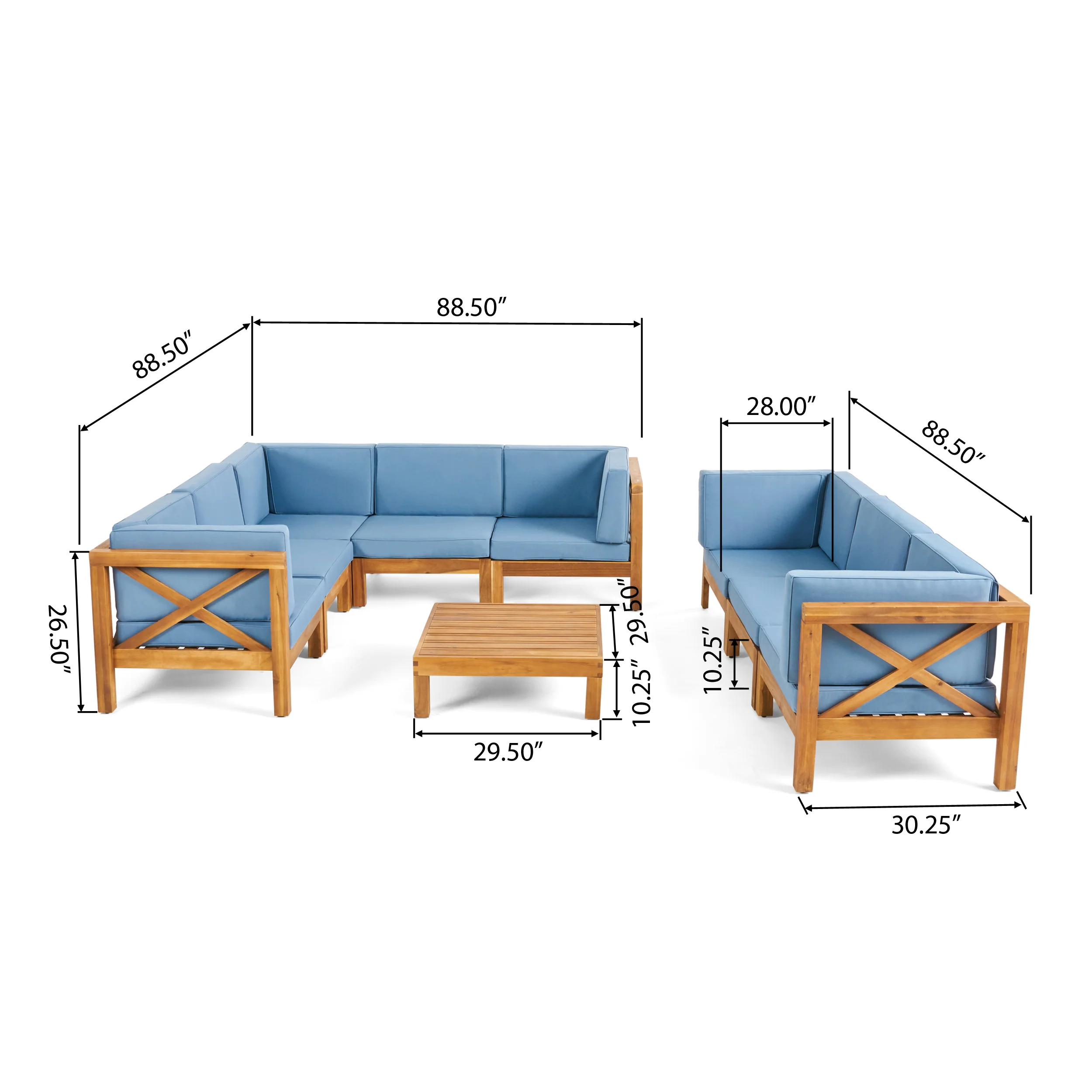 Cynthia Outdoor Acacia Wood 8 Seater Sectional Sofa Set with Coffee Table, Teak, Blue - furnishings