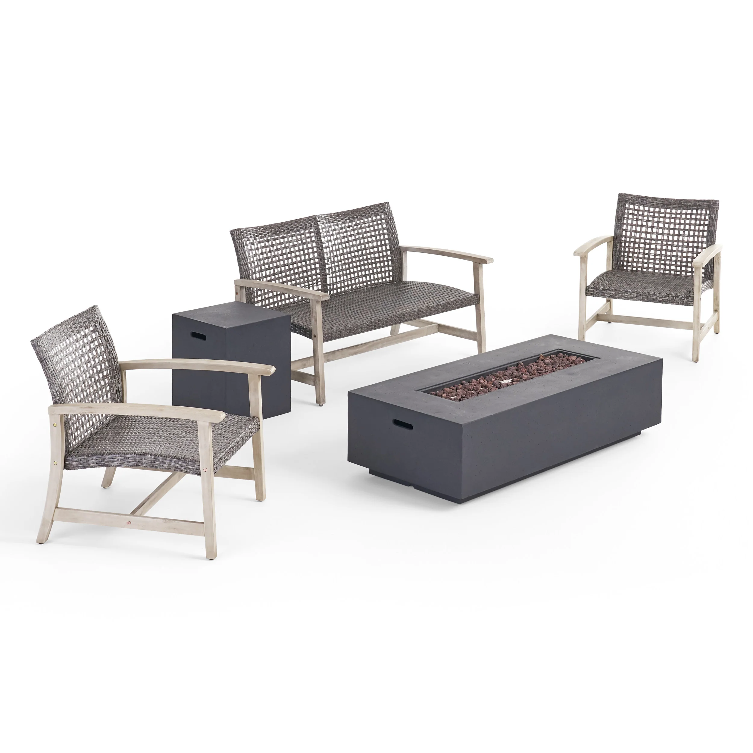 Tabby Outdoor 5 Piece Wood and Wicker Chat Set with Fire Pit - furnishings