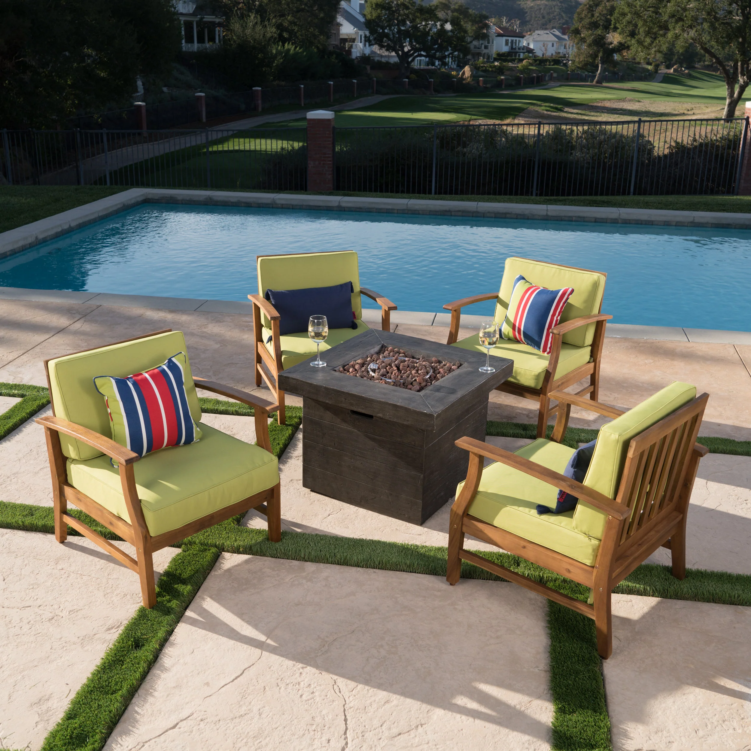 Easter Outdoor 4 Seat Teak Finished Acacia Wood Club Chairs Fire Pit Chat Set - furnishings