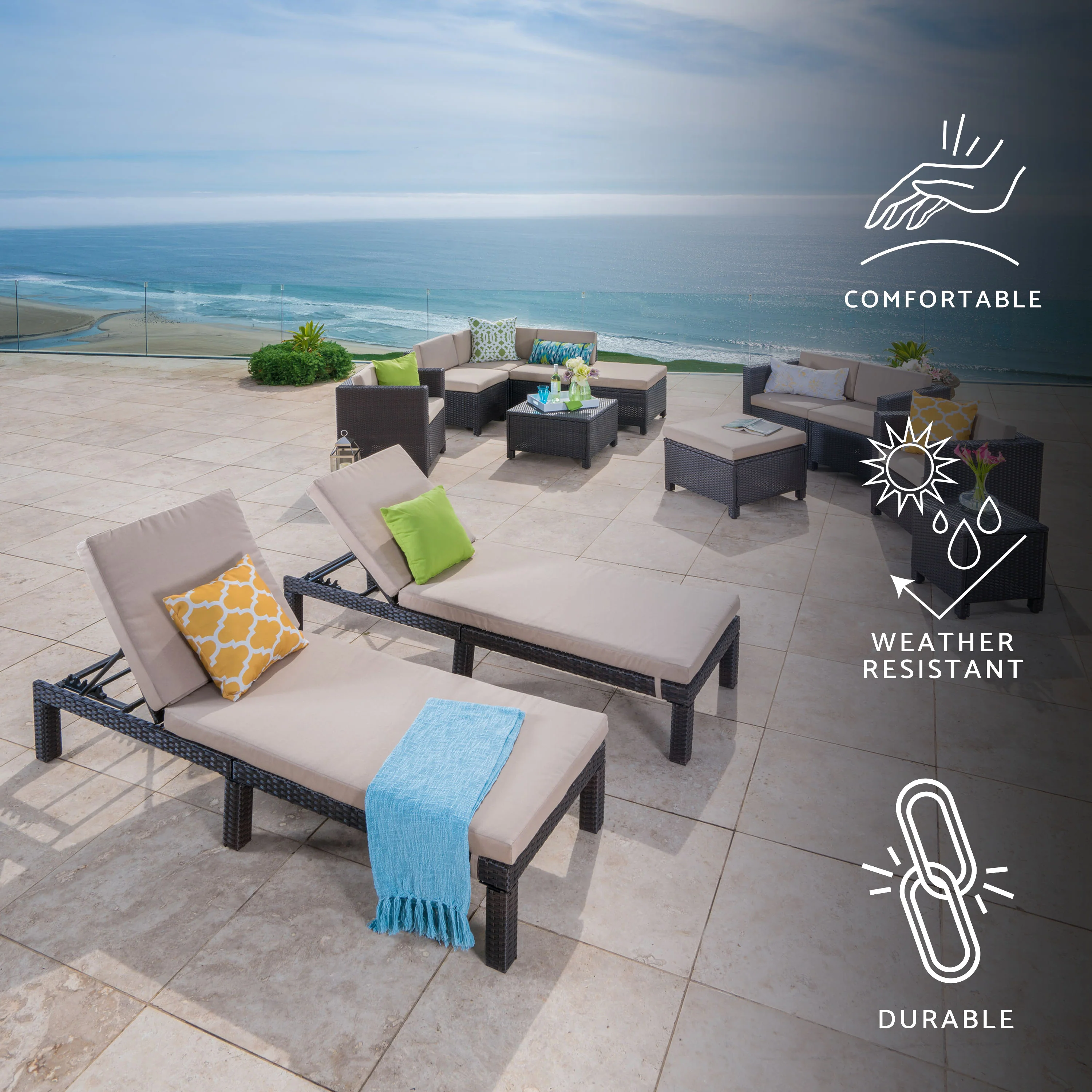 Feronia Outdoor 13 Pc Wicker Patio Set w/ Water Resistant Cushions - furnishings