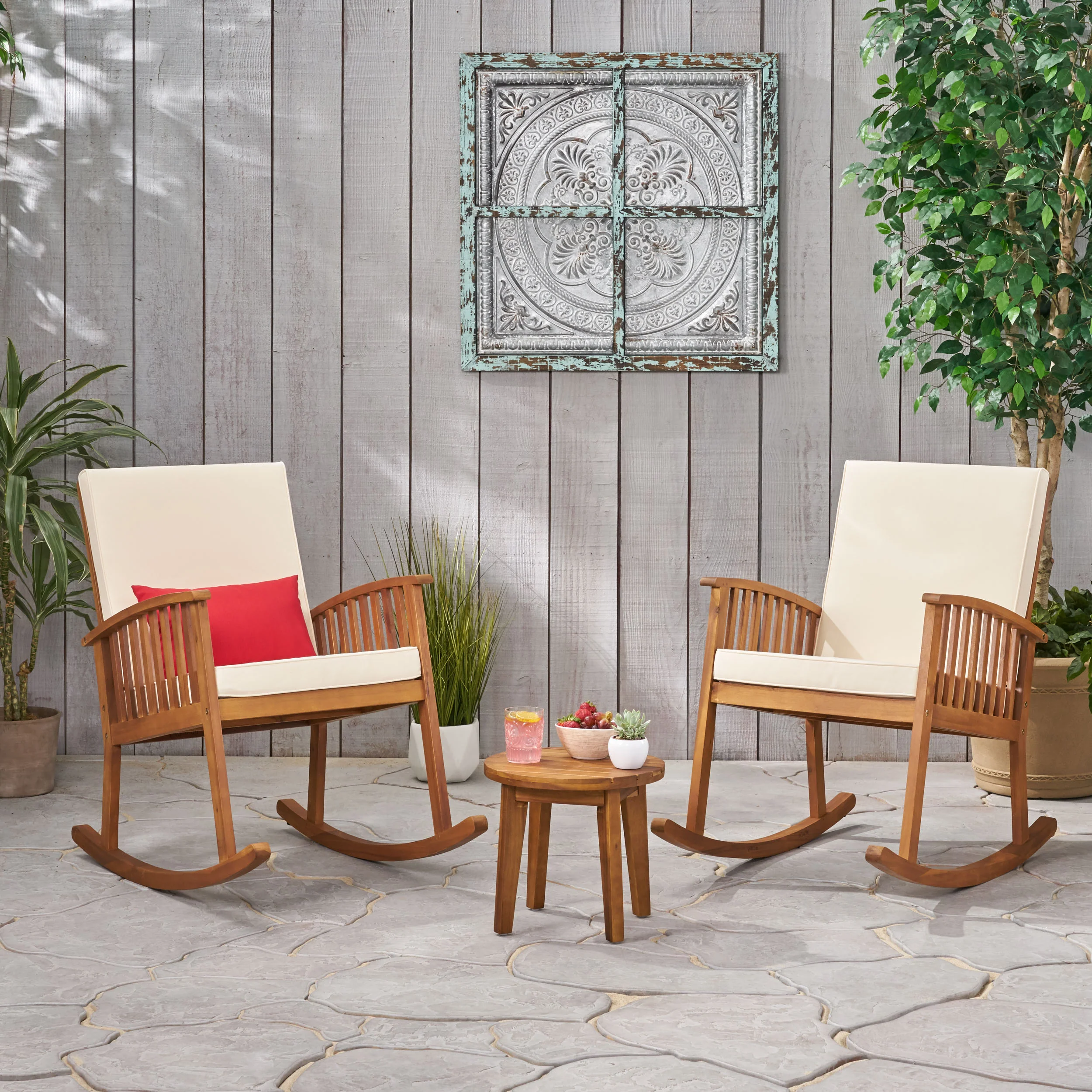 Sandra Outdoor Acacia Wood 2 Seater Rocking Chairs and Side Table Set - furnishings