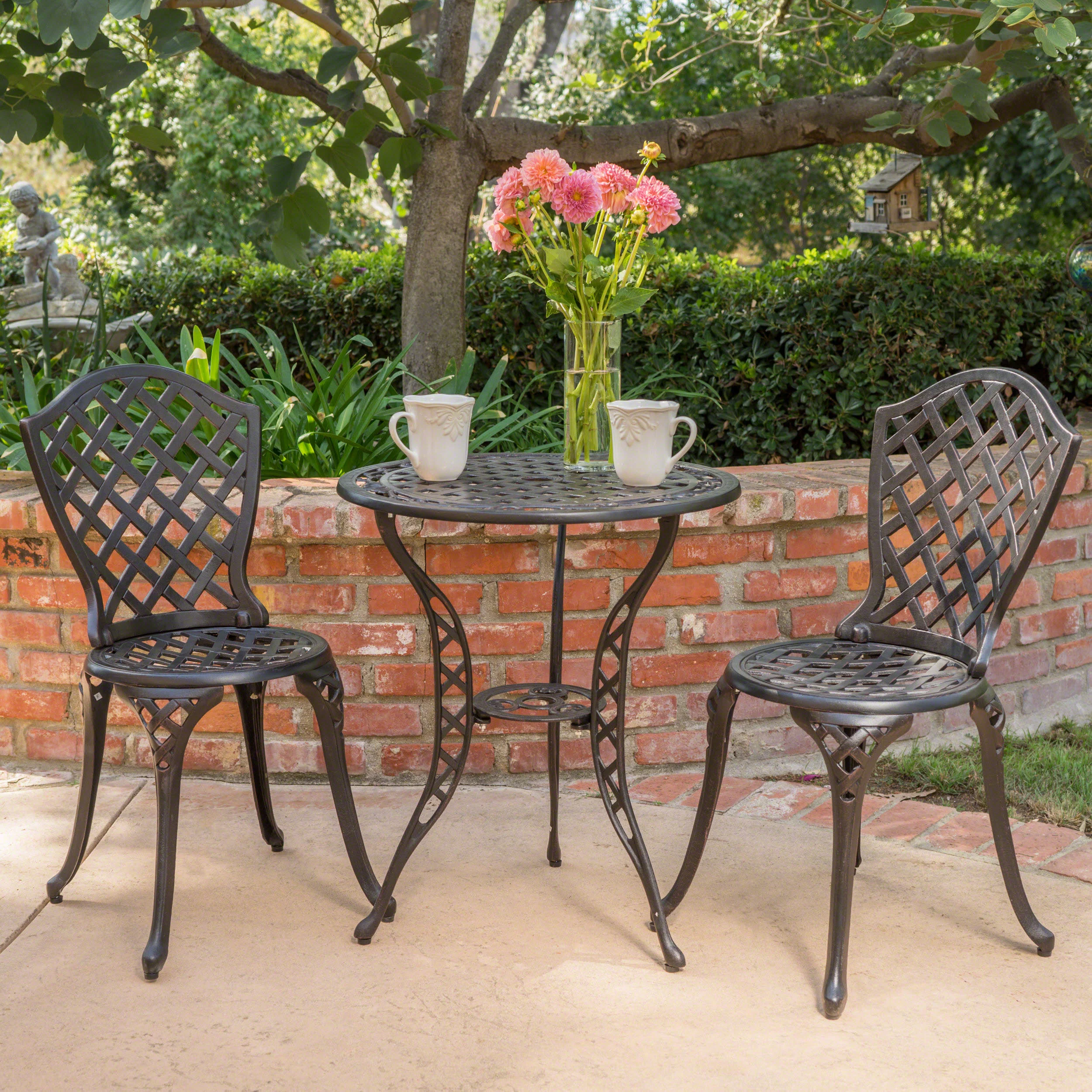 Lyon Traditional Outdoor 3-Piece Black with Bronze Cast Aluminum Bistro Set - furnishings