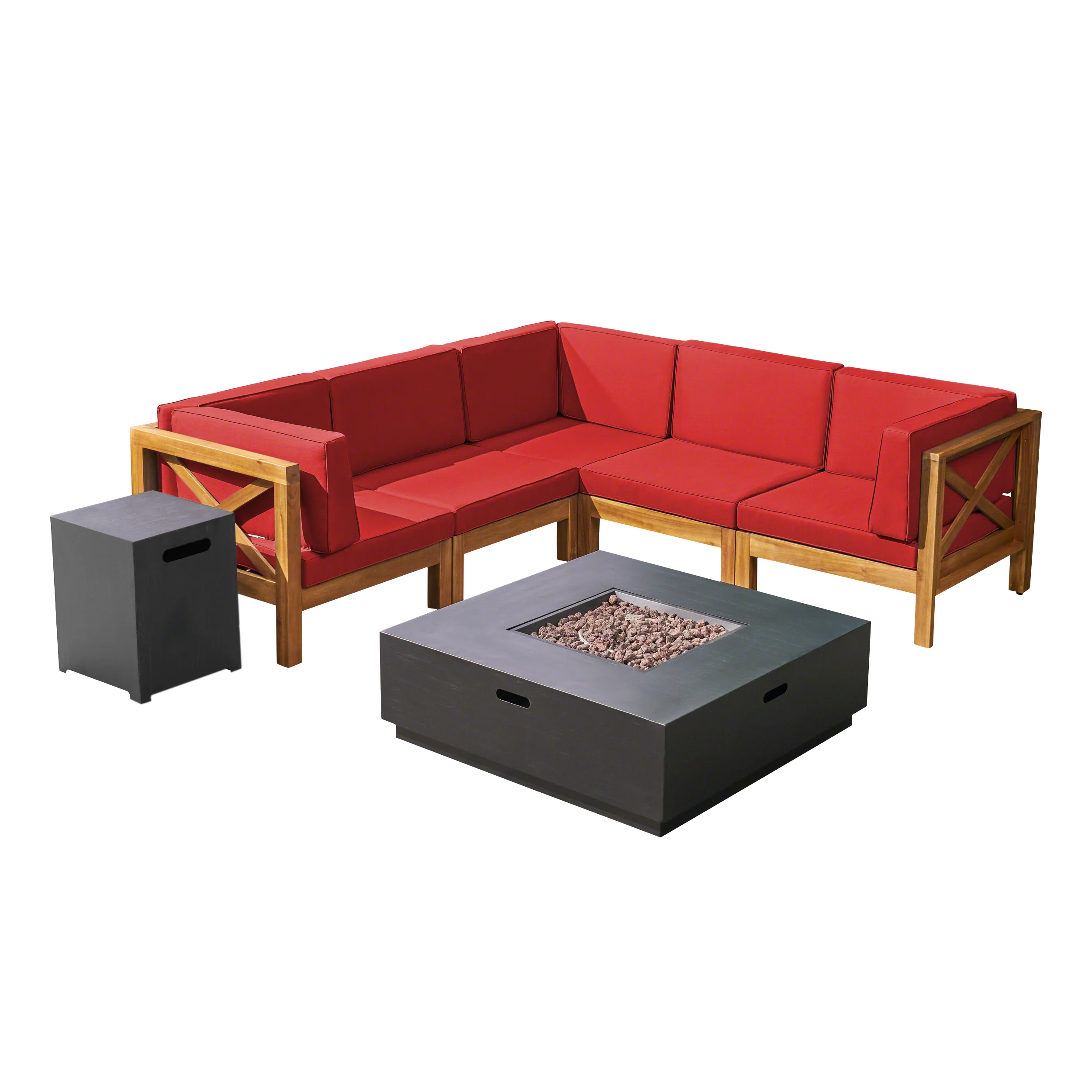 Gina Outdoor Acacia Wood 5 Seater Sectional Sofa Set with Fire Pit - furnishings