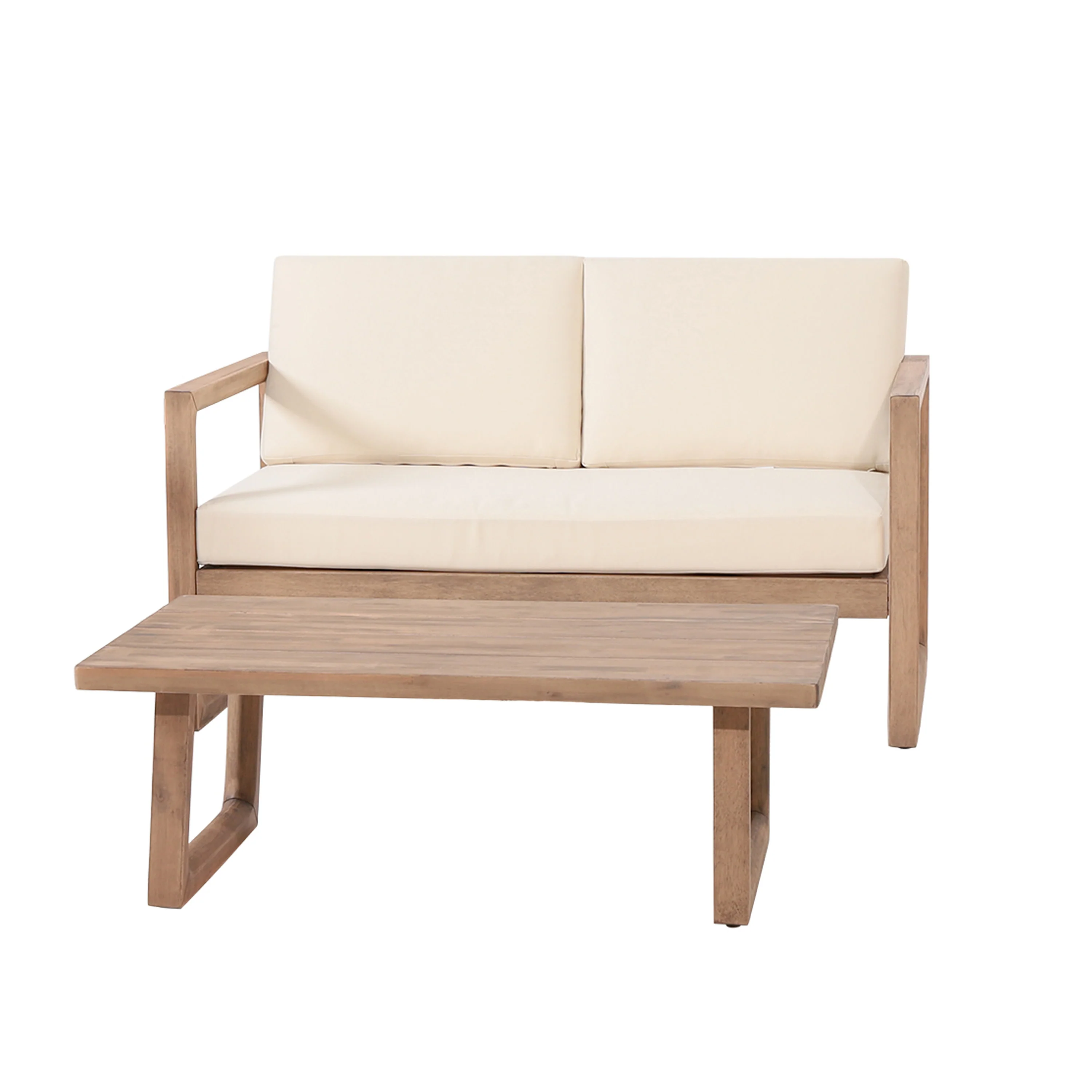 Petteti Outdoor Acacia Wood Loveseat and Coffee Table Set with Cushions, Brown Wash, Beige - furnishings