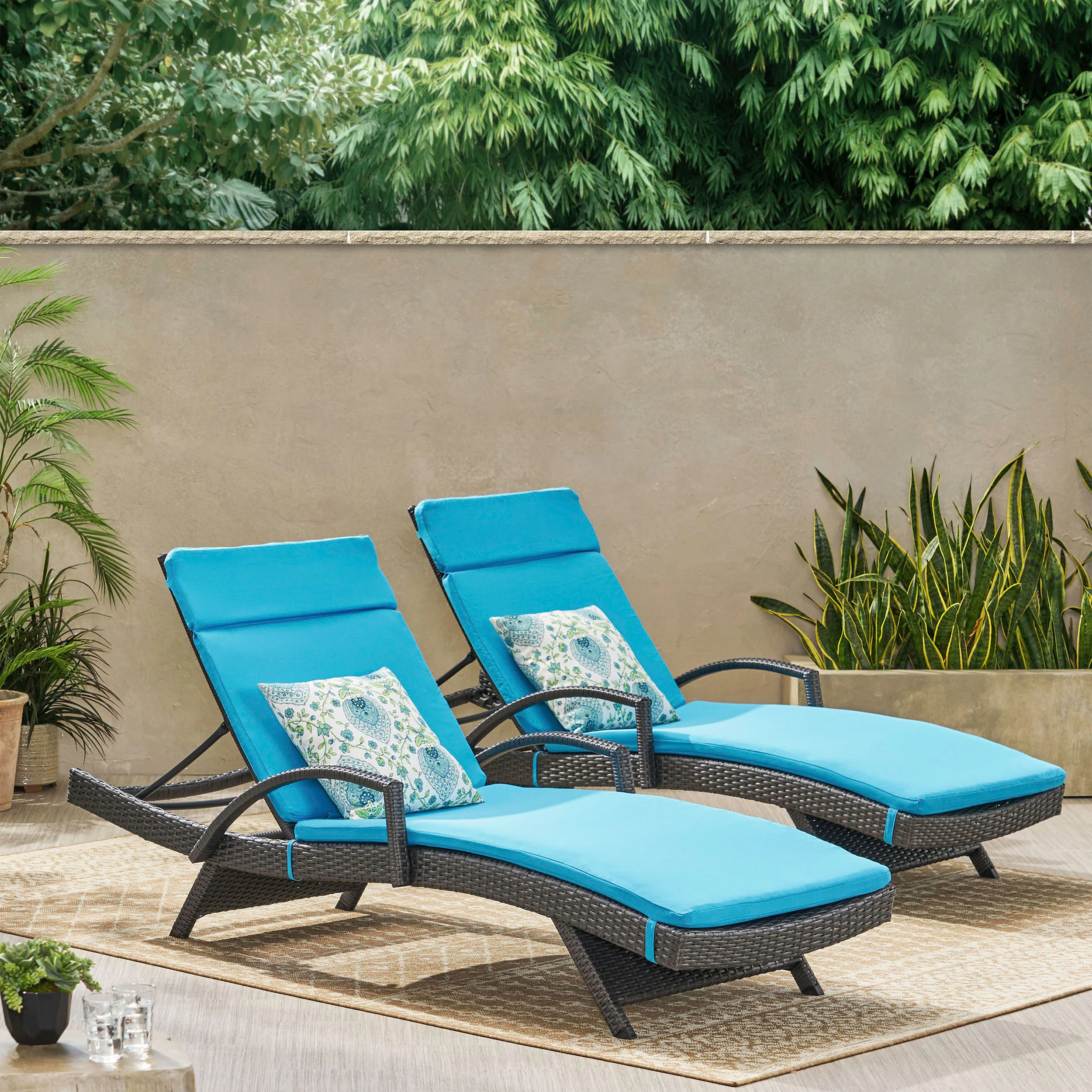 Soleil Outdoor Wicker Chaise Lounges w/ Water Resistant Cushions (Set of 2) - furnishings