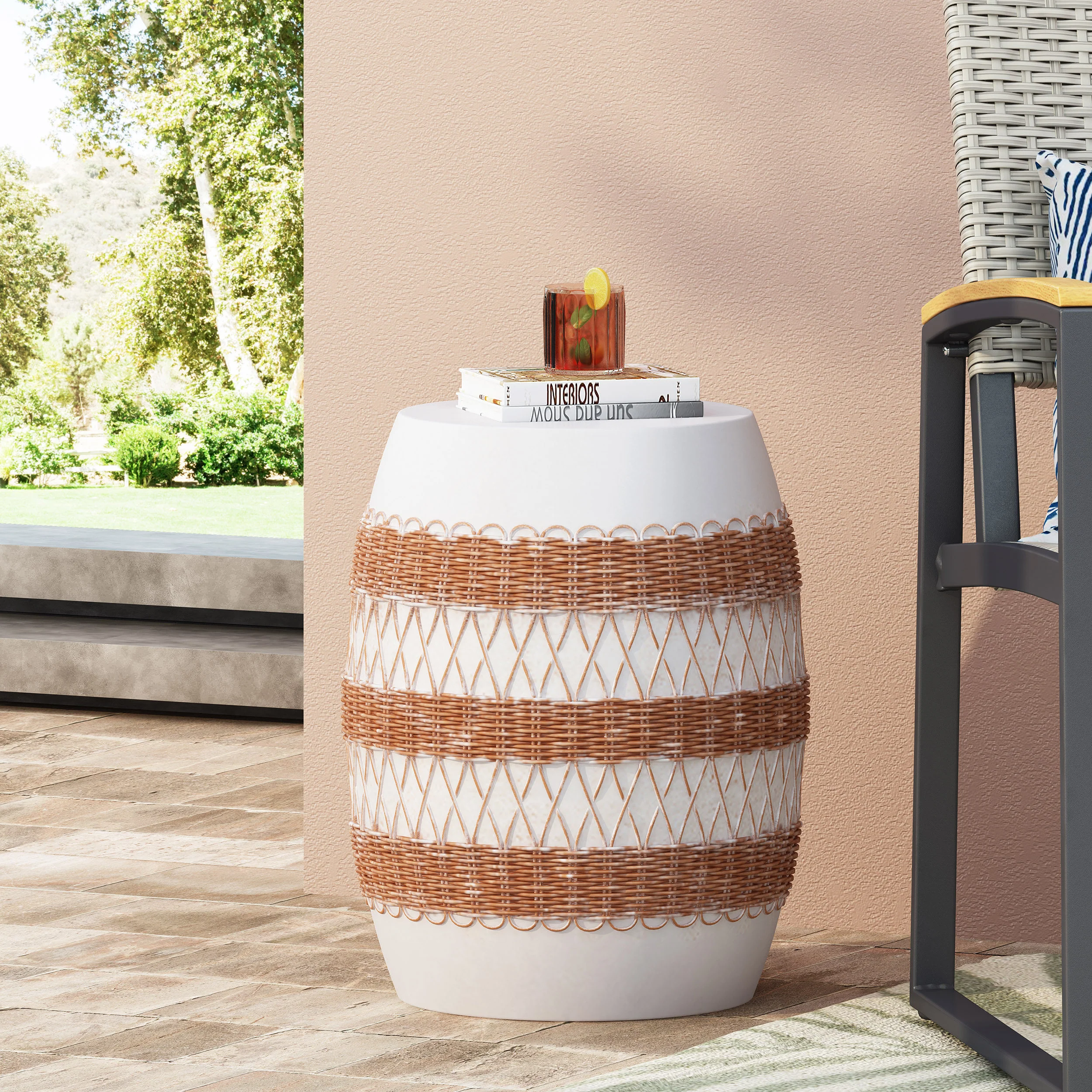 Anvil Outdoor Lightweight Concrete Side Table, White and Brown - furnishings