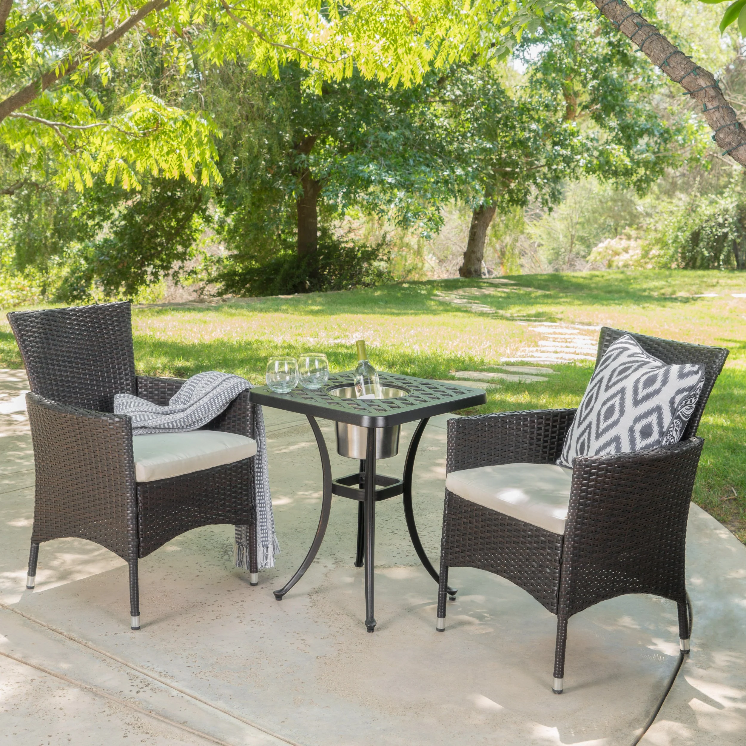 Ariel Outdoor 3Pc Wicker Bistro Set w/ Water Resistant Cushions - furnishings