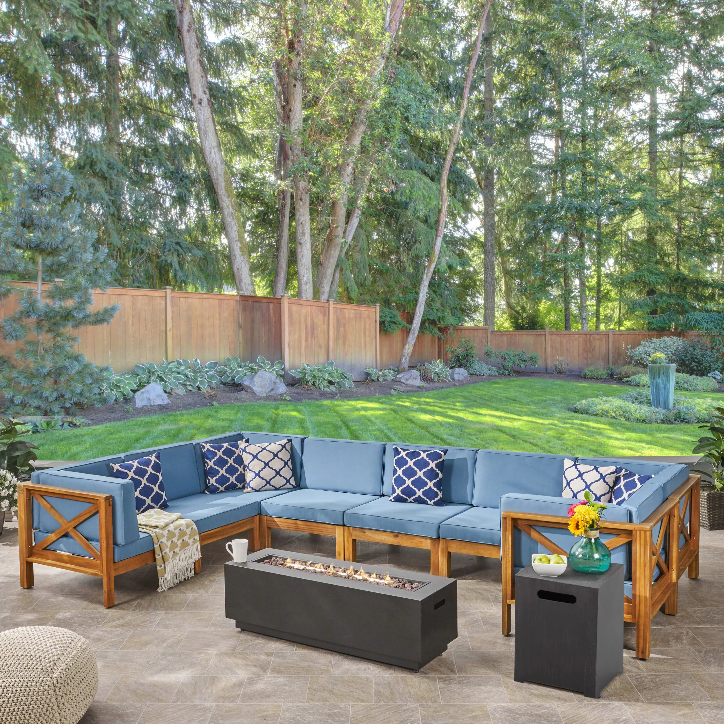 Muriel Outdoor Farmhouse Acacia Wood 8 Seater U-Shaped Sectional Sofa Set with Fire Pit - furnishings