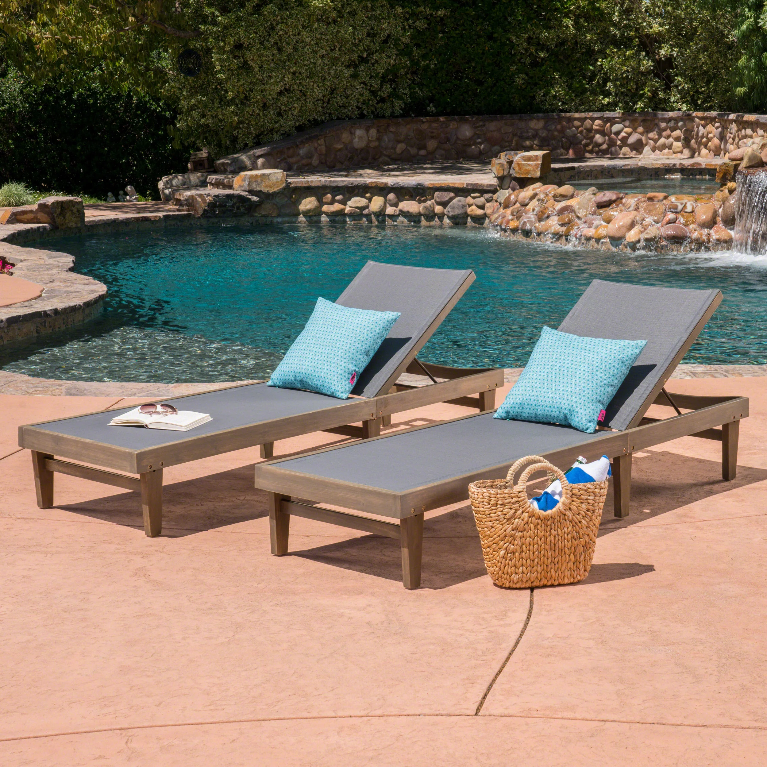 Shiny Outdoor Mesh and Wood Chaise Lounge (Set of 2) - furnishings