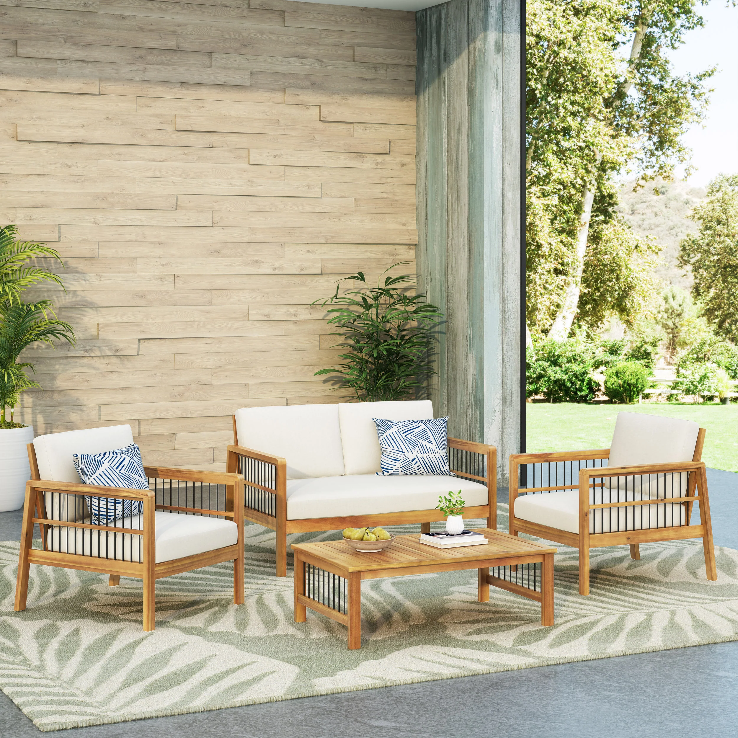 Sagewood Outdoor Acacia Wood Chat Set with Cushions, Teak and Beige - furnishings