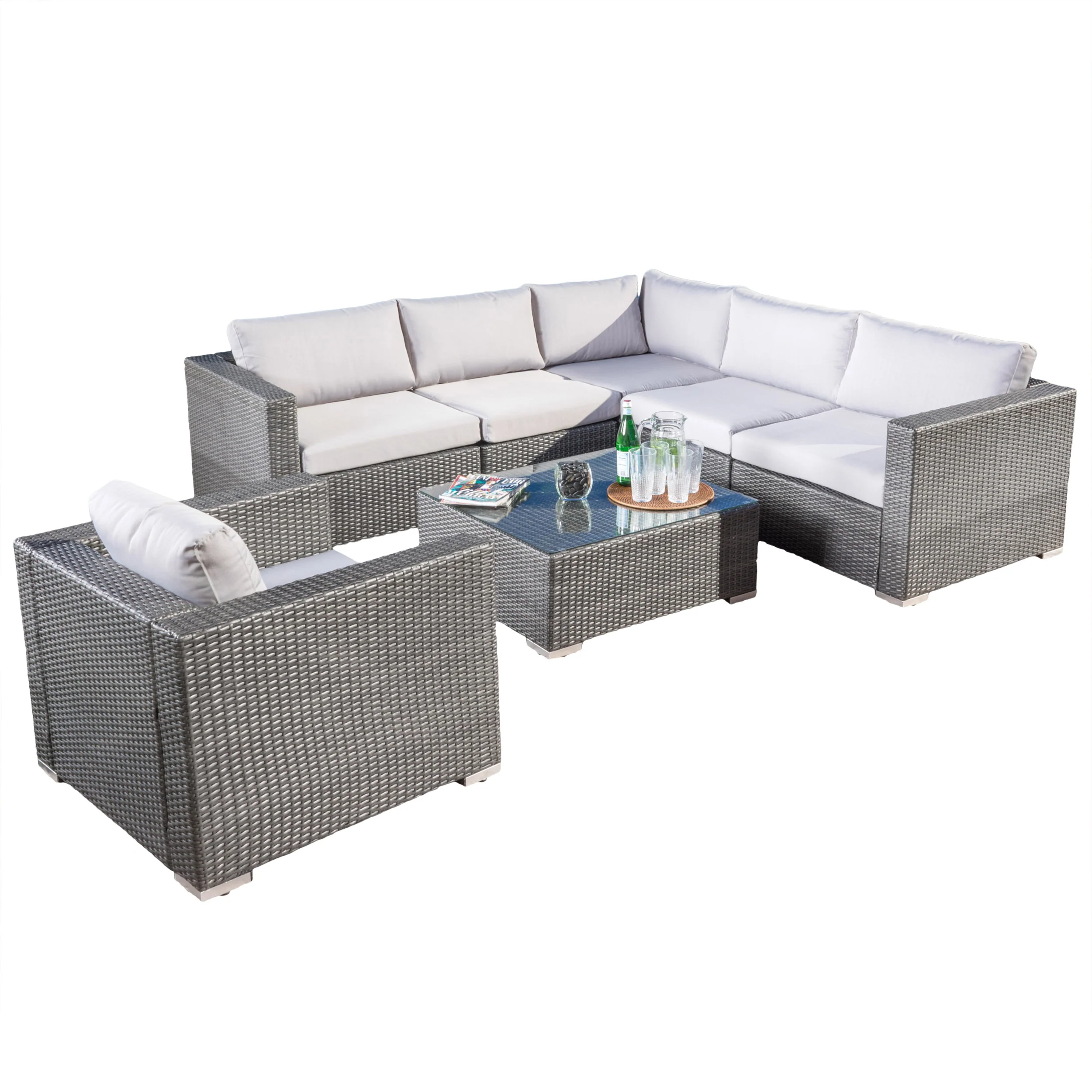 Francisco 7pc Outdoor Gray Wicker Seating Sectional Set w/ Cushions - furnishings