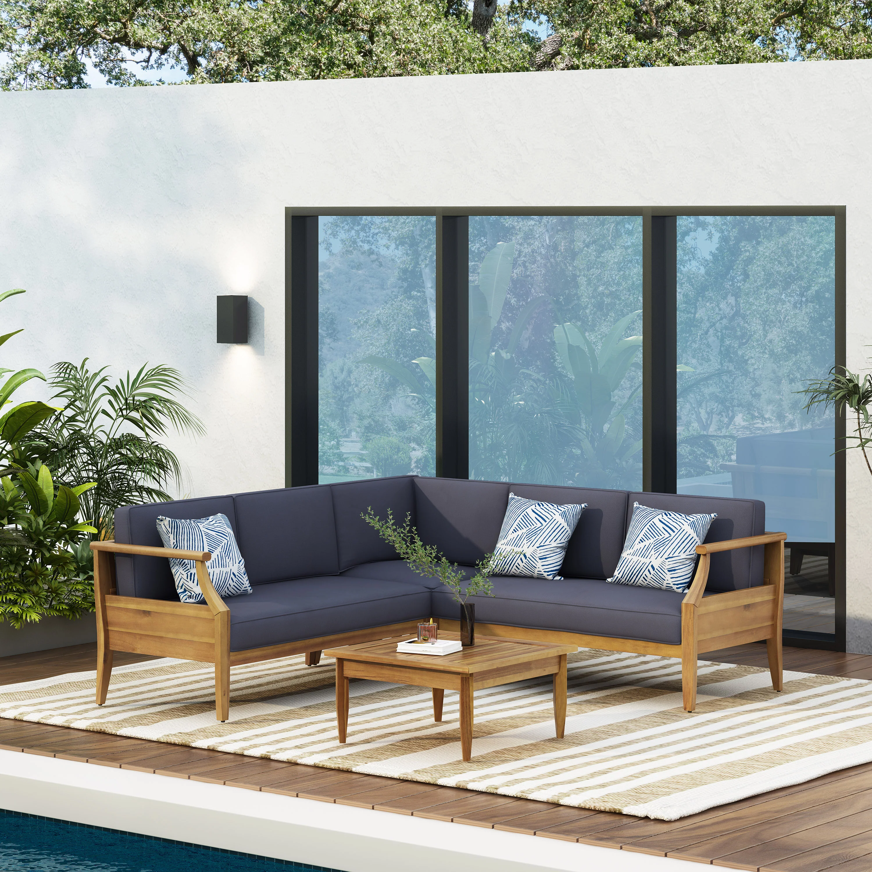 Bianca Outdoor Mid-Century Modern Acacia Wood 5 Seater Sectional Chat Set with Cushions, Teak and Dark Gray - furnishings