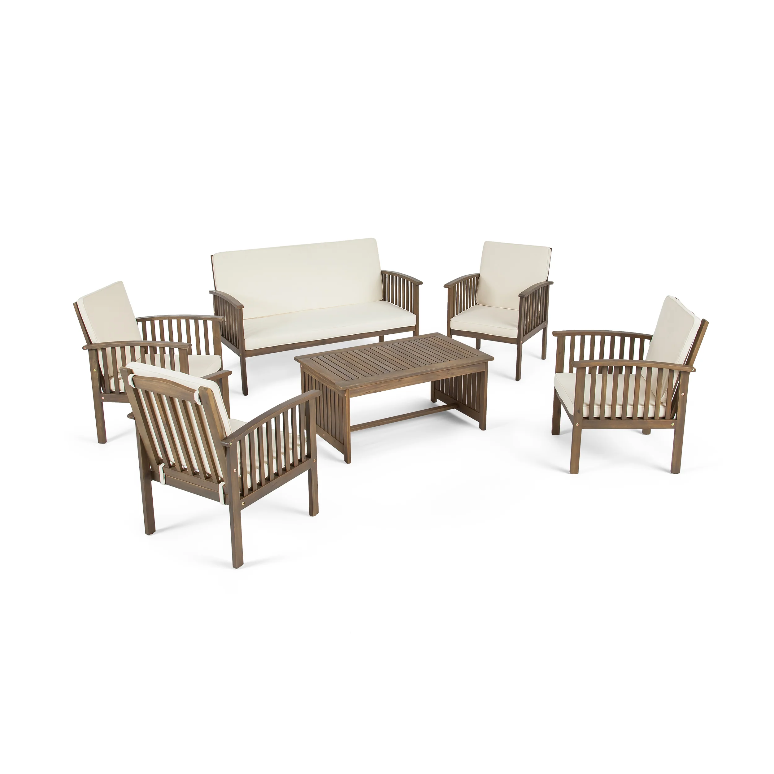 Parry Outdoor Open Slat 6-Seater Acacia Wood Conversation Set with Coffee Table - furnishings