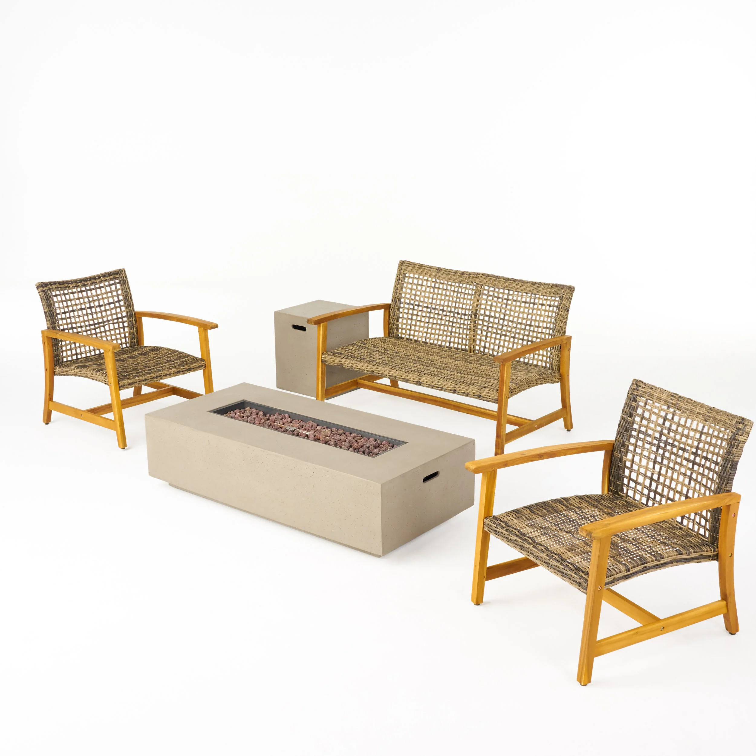 Tabby Outdoor 5 Piece Wood and Wicker Chat Set with Fire Pit - furnishings