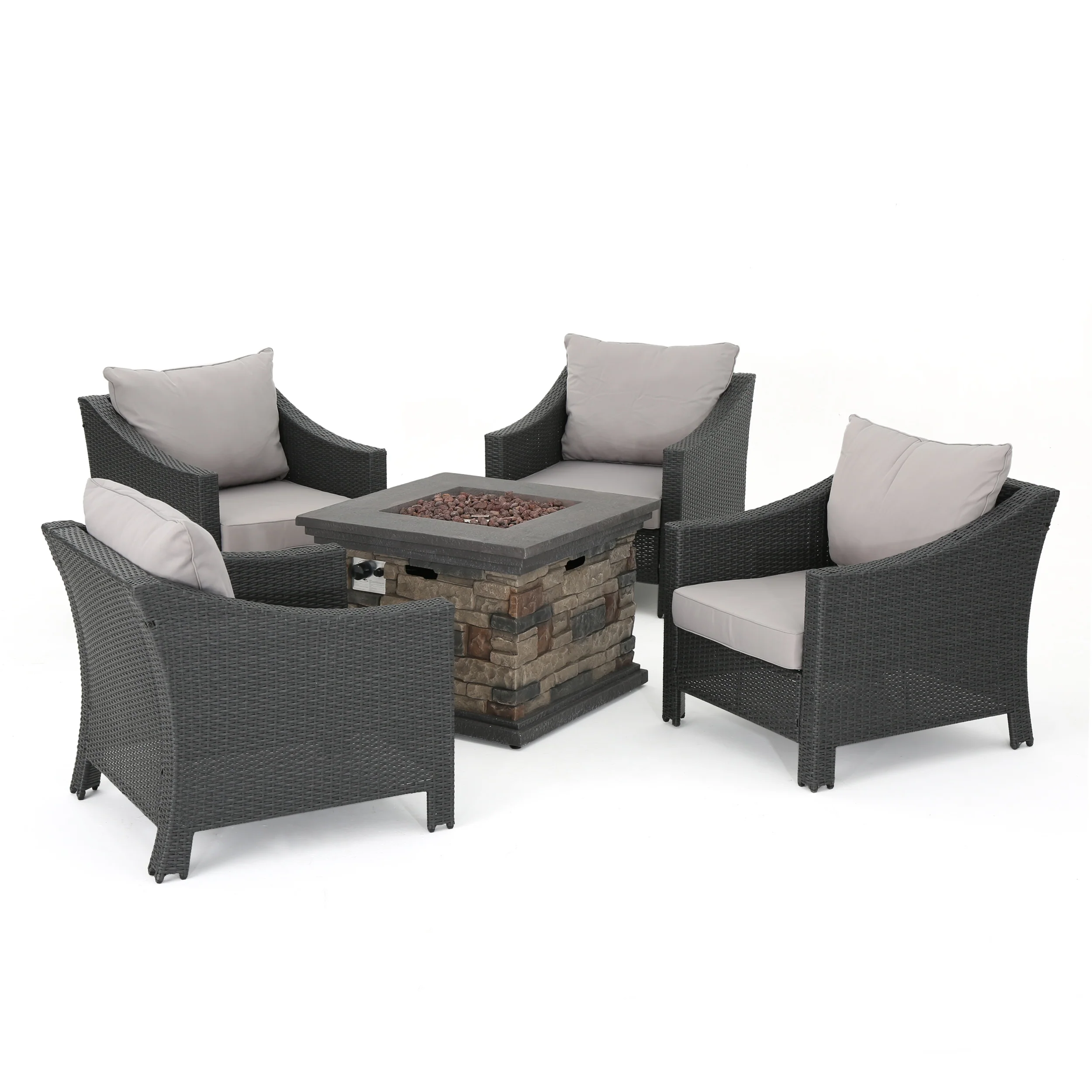 Aspen Outdoor 5 Piece Gray Wicker Chat Set with Stone Finished Fire Pit - furnishings