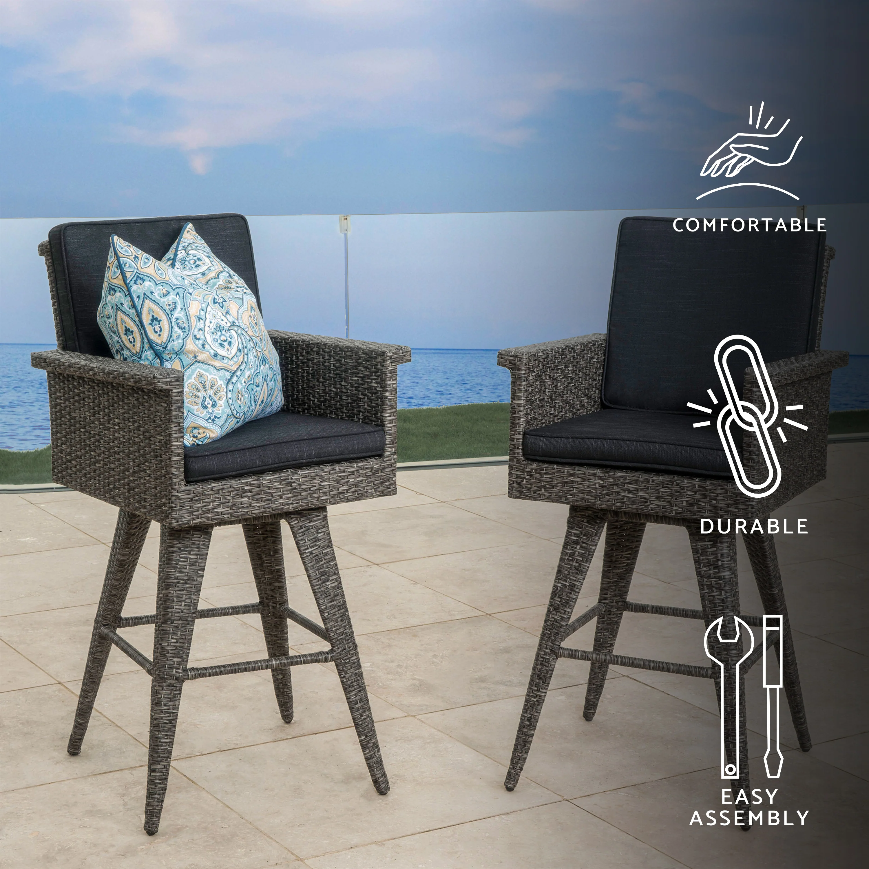 Budva 30-Inch Outdoor Gray Wicker Barstool (set of 2) - furnishings