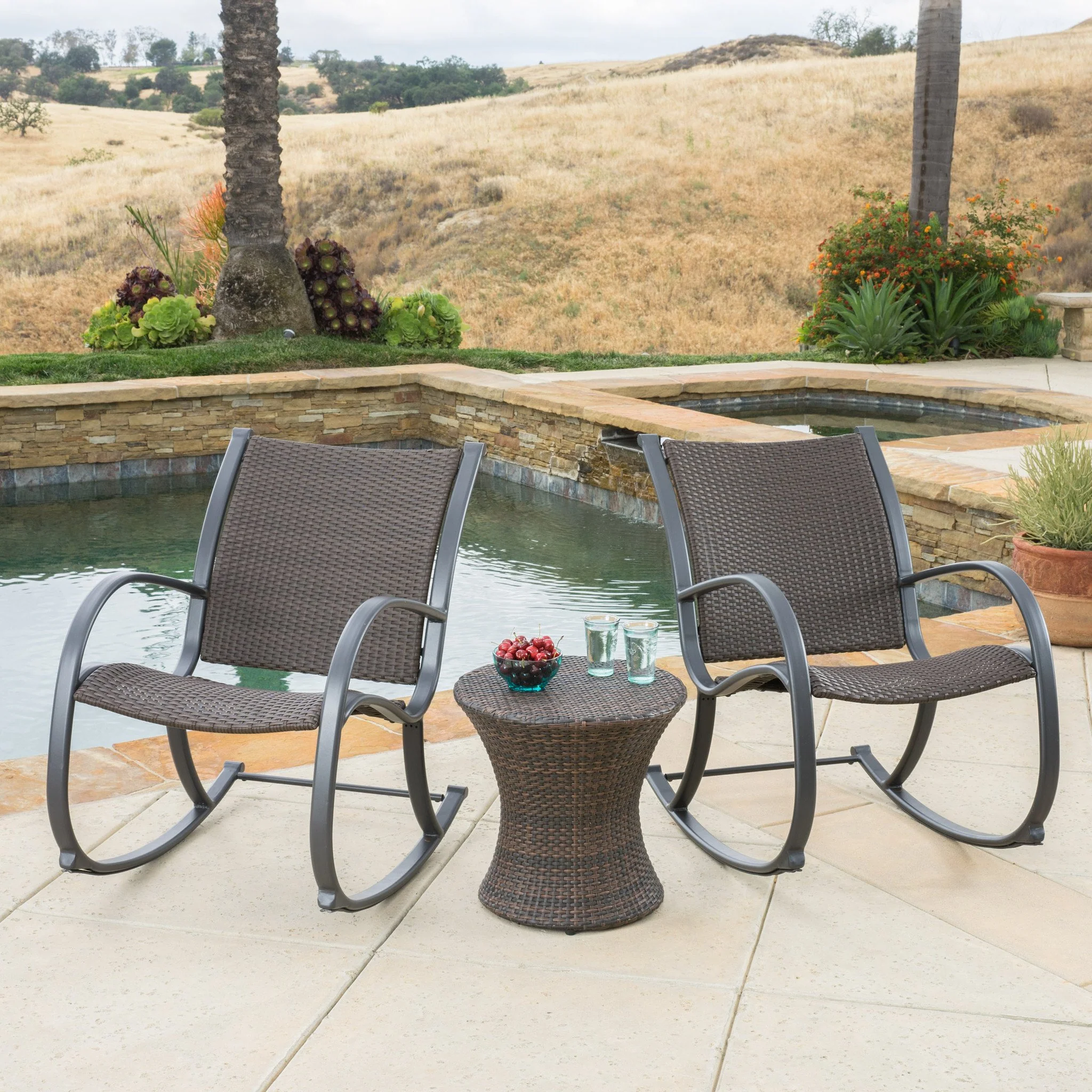 Leann Outdoor 3pc Dark Brown Wicker Rocking Chair Chat Set (Hourglass Table) - furnishings