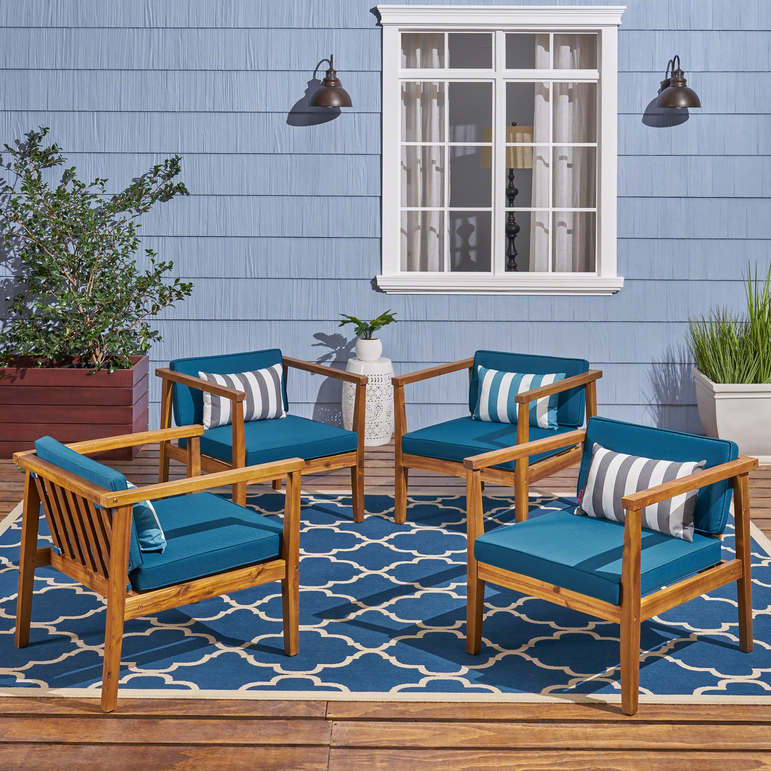 Thomson Outdoor Acacia Wood Club Chairs with Water-Resistant Cushions (Set of 4) - furnishings