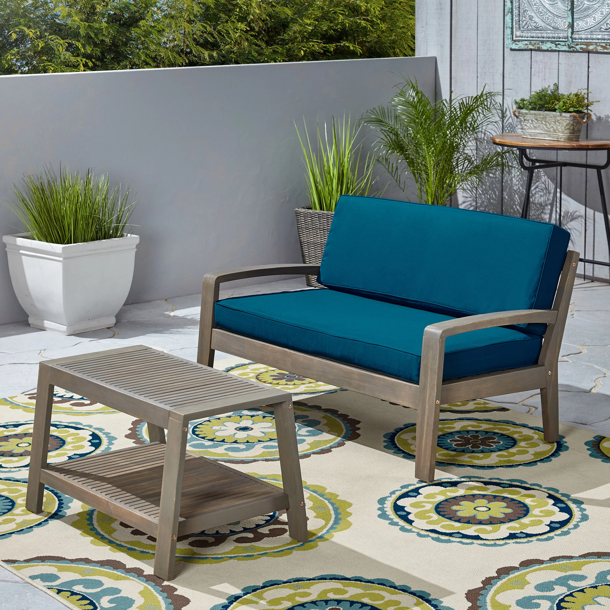Parma Outdoor Acacia Wood Loveseat and Coffee Table Set with Cushions - furnishings