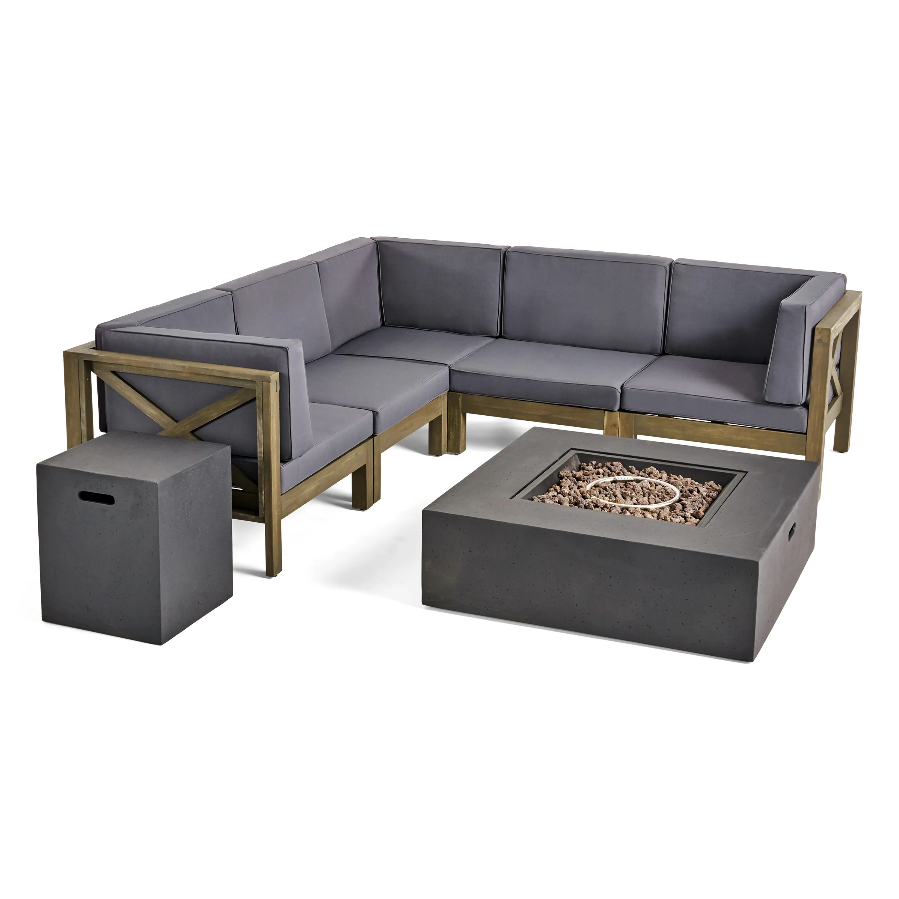 Kaylee Outdoor Acacia Wood 5 Seater Sectional Sofa Set with Fire Pit - furnishings