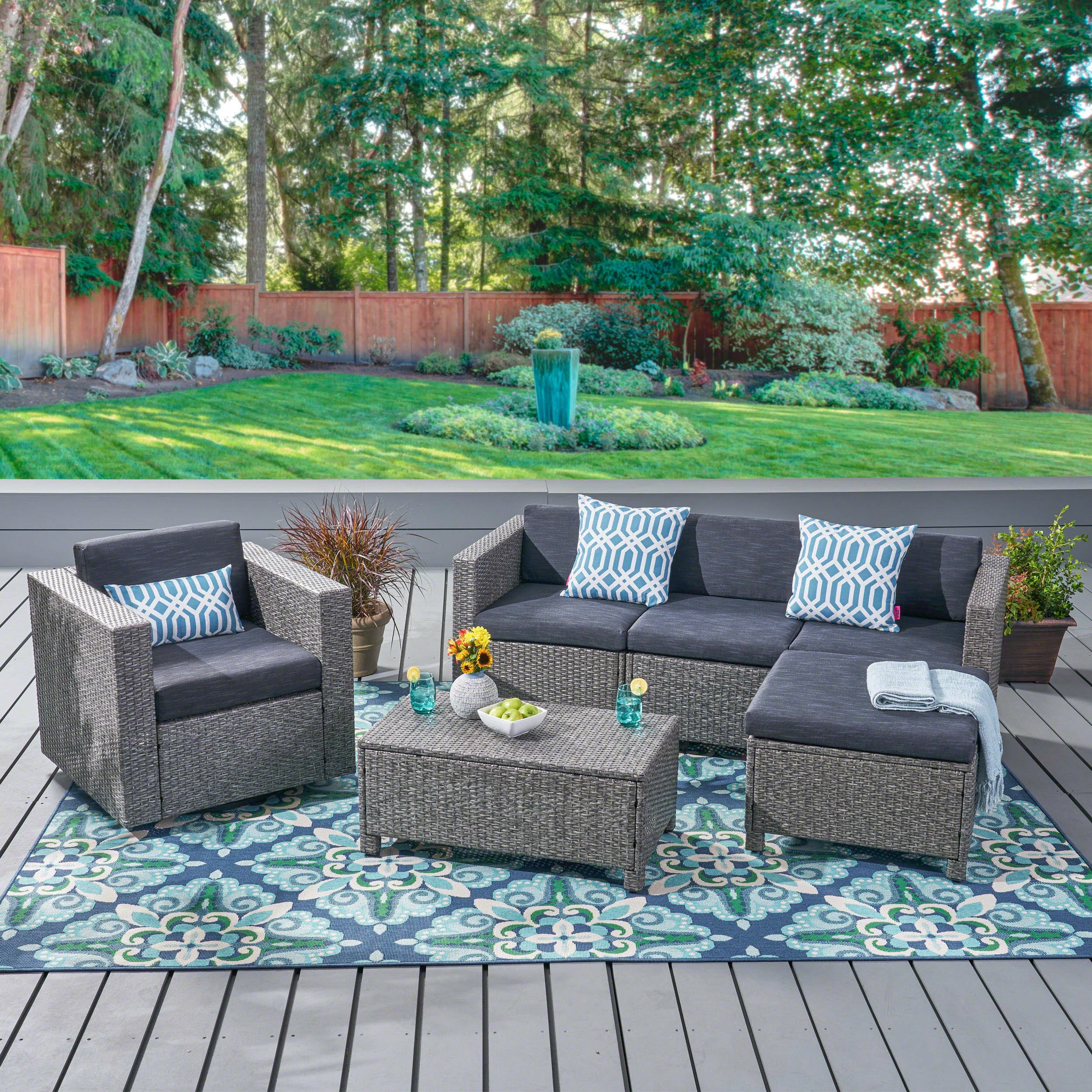 Buzz Outdoor 4 Seater Wicker L-Shaped Sectional Sofa Set with Cushions, Mixed Black with Dark Grey Cushions - furnishings
