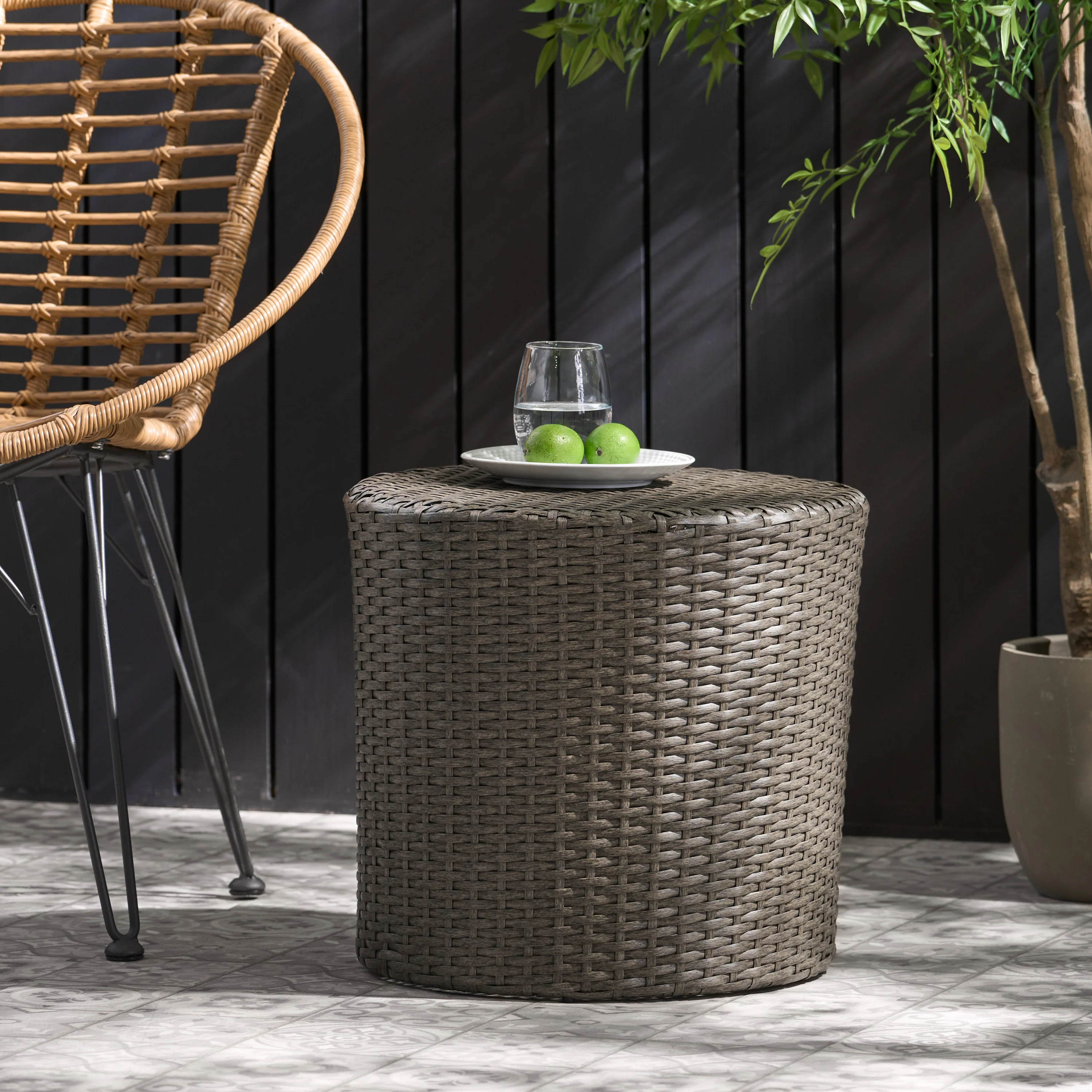 Overton Outdoor Dark Grey Wicker Barrel Side Table - furnishings