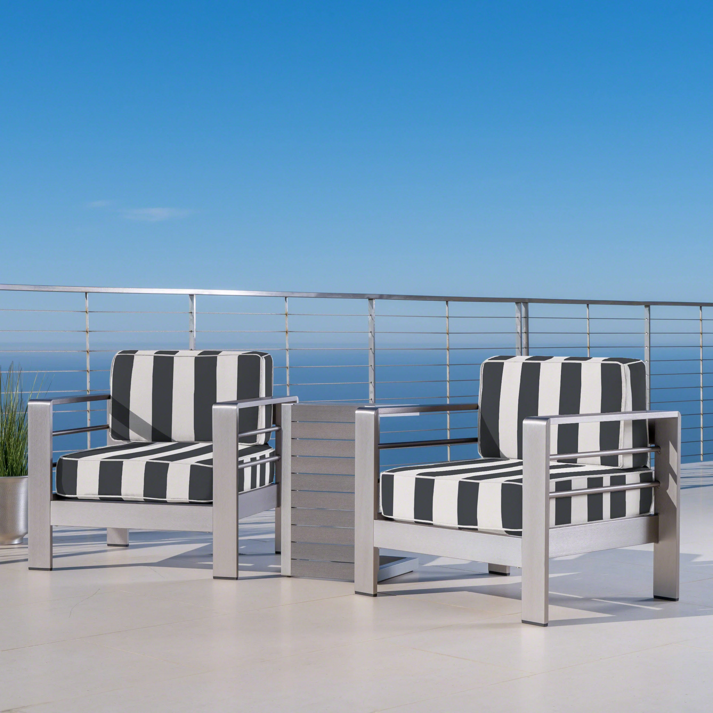 Parrish Coral Outdoor Aluminum Club Chairs and Faux Wood Side Table Set with Cushions, Silver and Cabana Classic Sunbrella (Optional Sunbrella Cushions) - furnishings