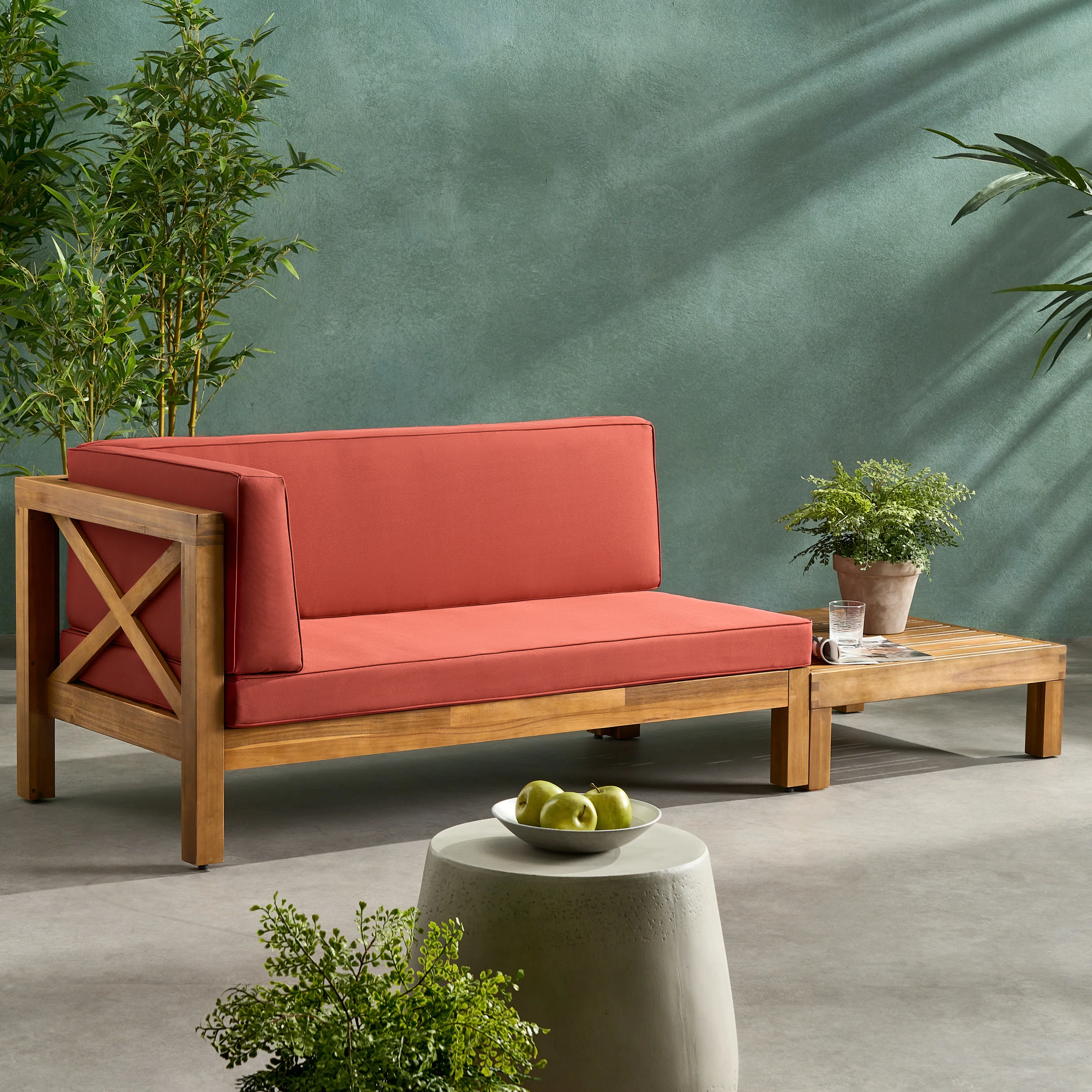 Keith Outdoor Acacia Wood Left Arm Loveseat and Coffee Table Set with Cushion - furnishings