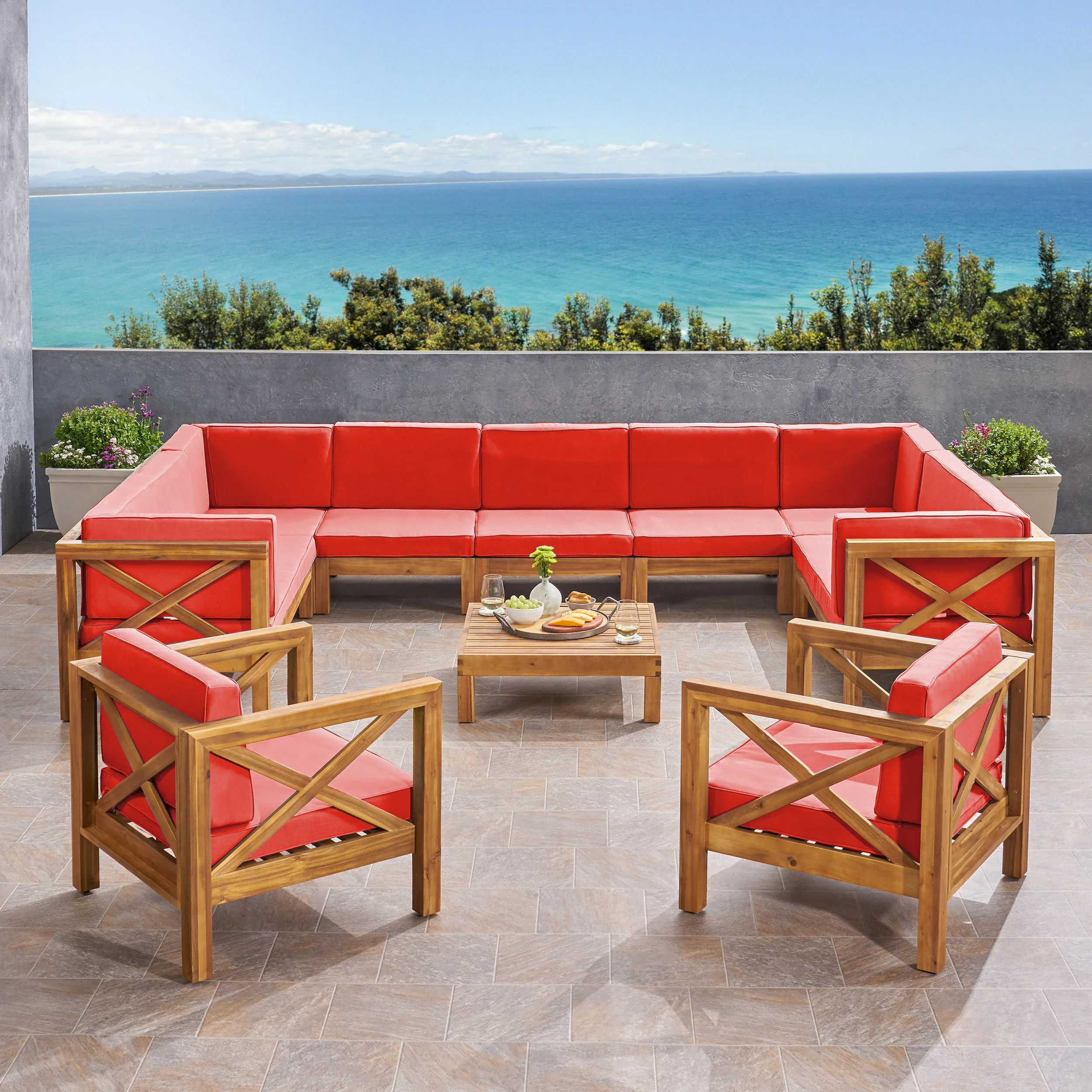 Isabella Outdoor 11 Seater Acacia Wood Sectional Sofa and Club Chair Set - furnishings