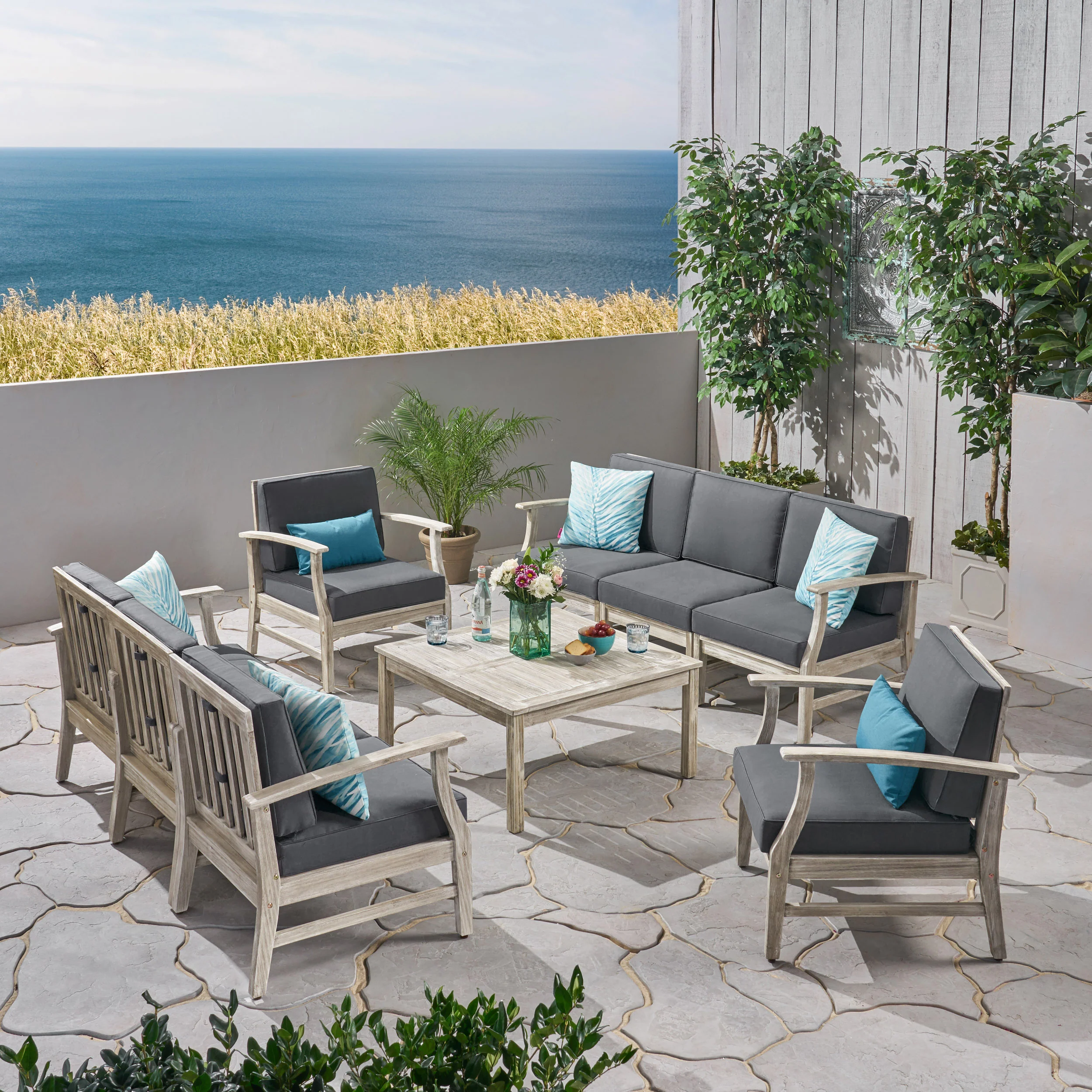 Lorelei Outdoor 9 Piece Acacia Wood Sofa Conversational Set - furnishings