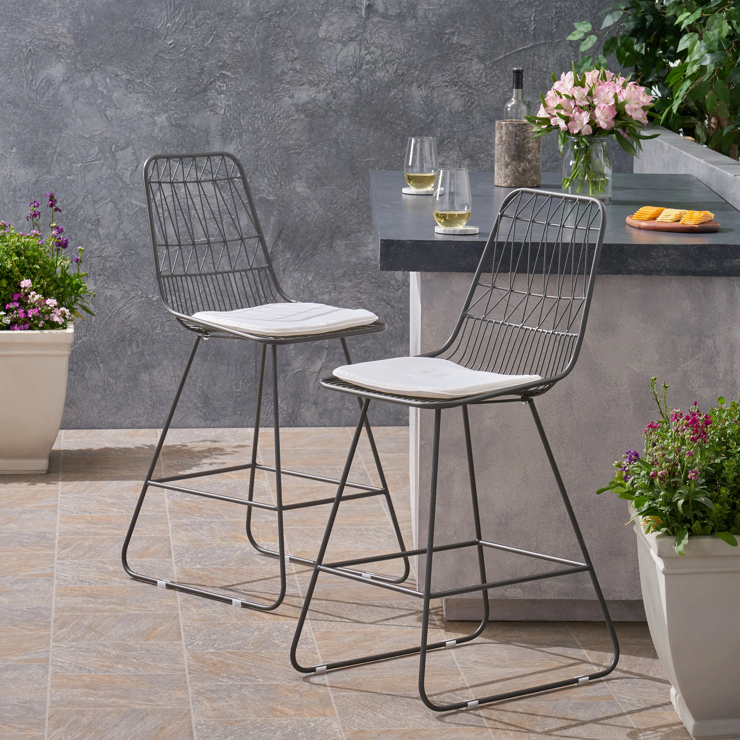 Hedy Outdoor Wire Counter Stools with Cushions (Set of 2) - furnishings