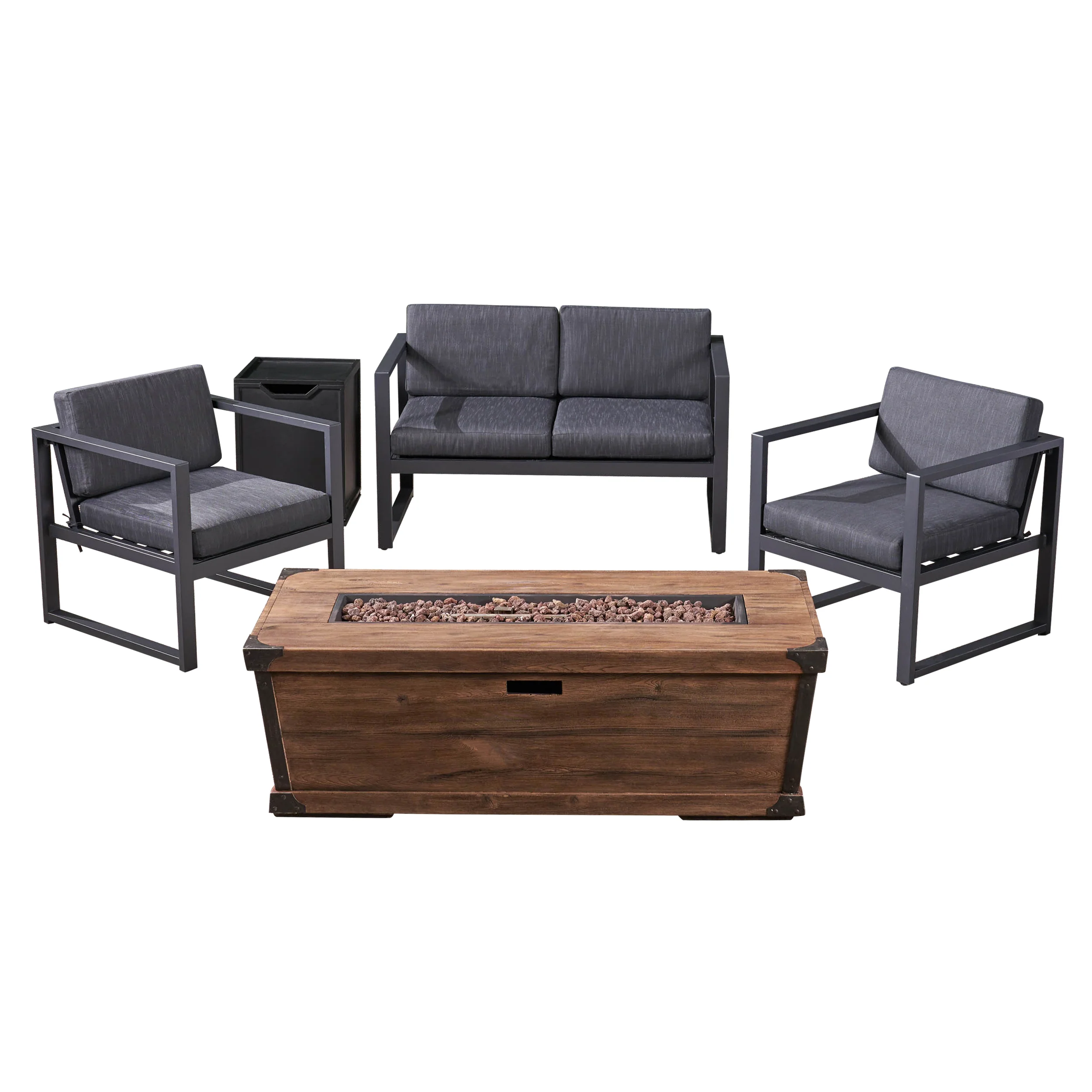 Miraclle Outdoor 3 Piece Aluminum Chat Set with Cushions and Fire Pit - furnishings